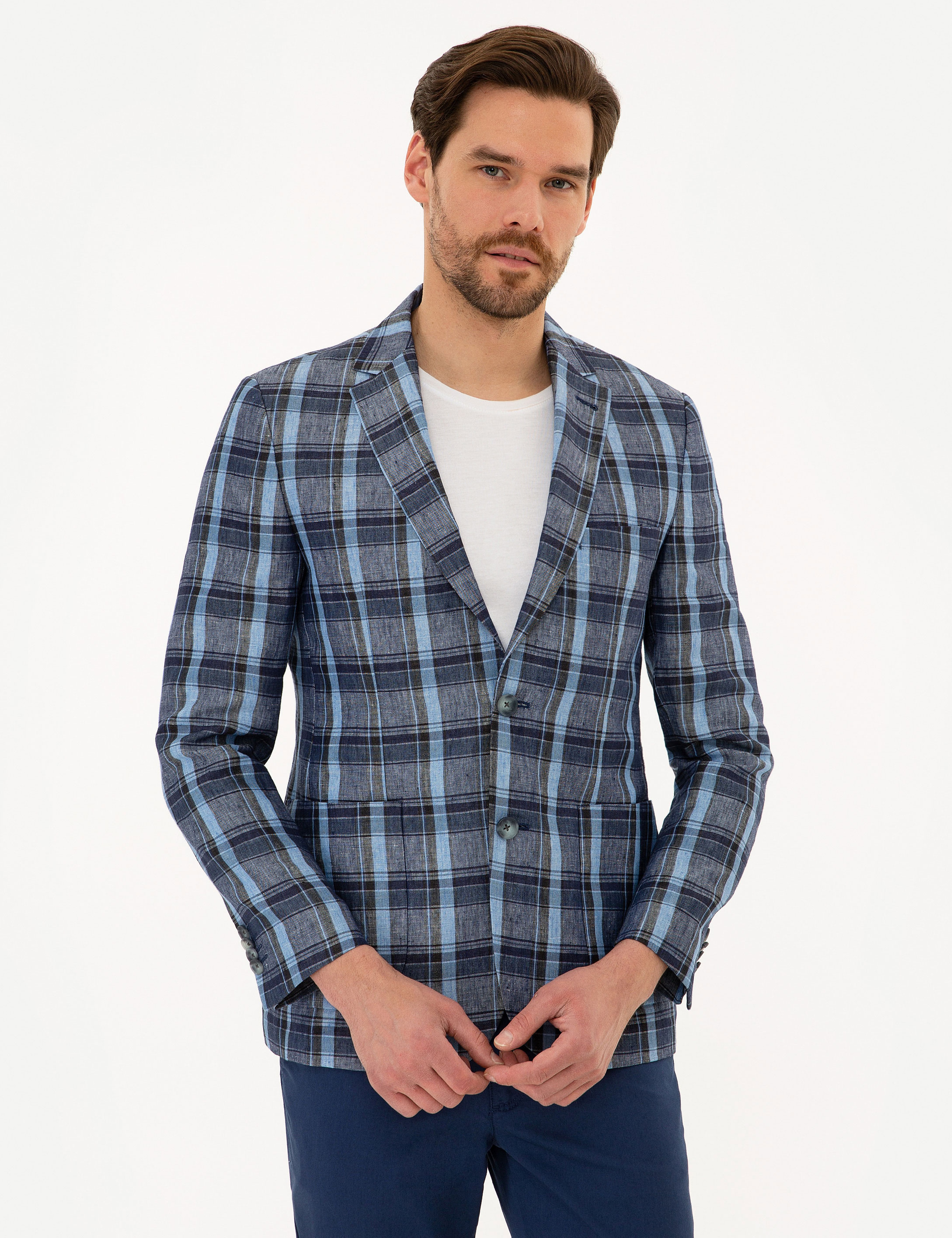 Koyu Mavi Slim Fit Ekose Ceket