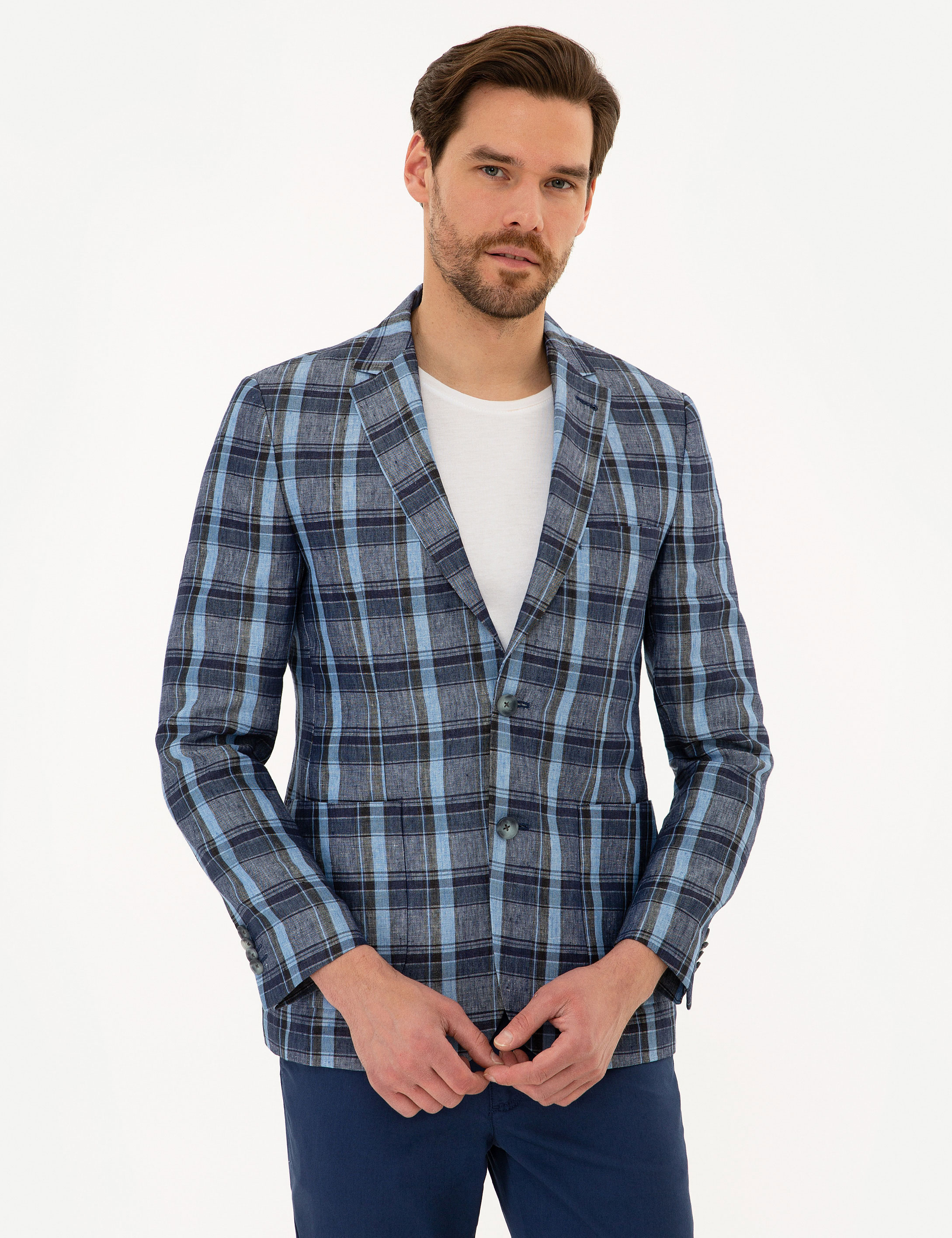 Koyu Mavi Slim Fit Ekose Ceket