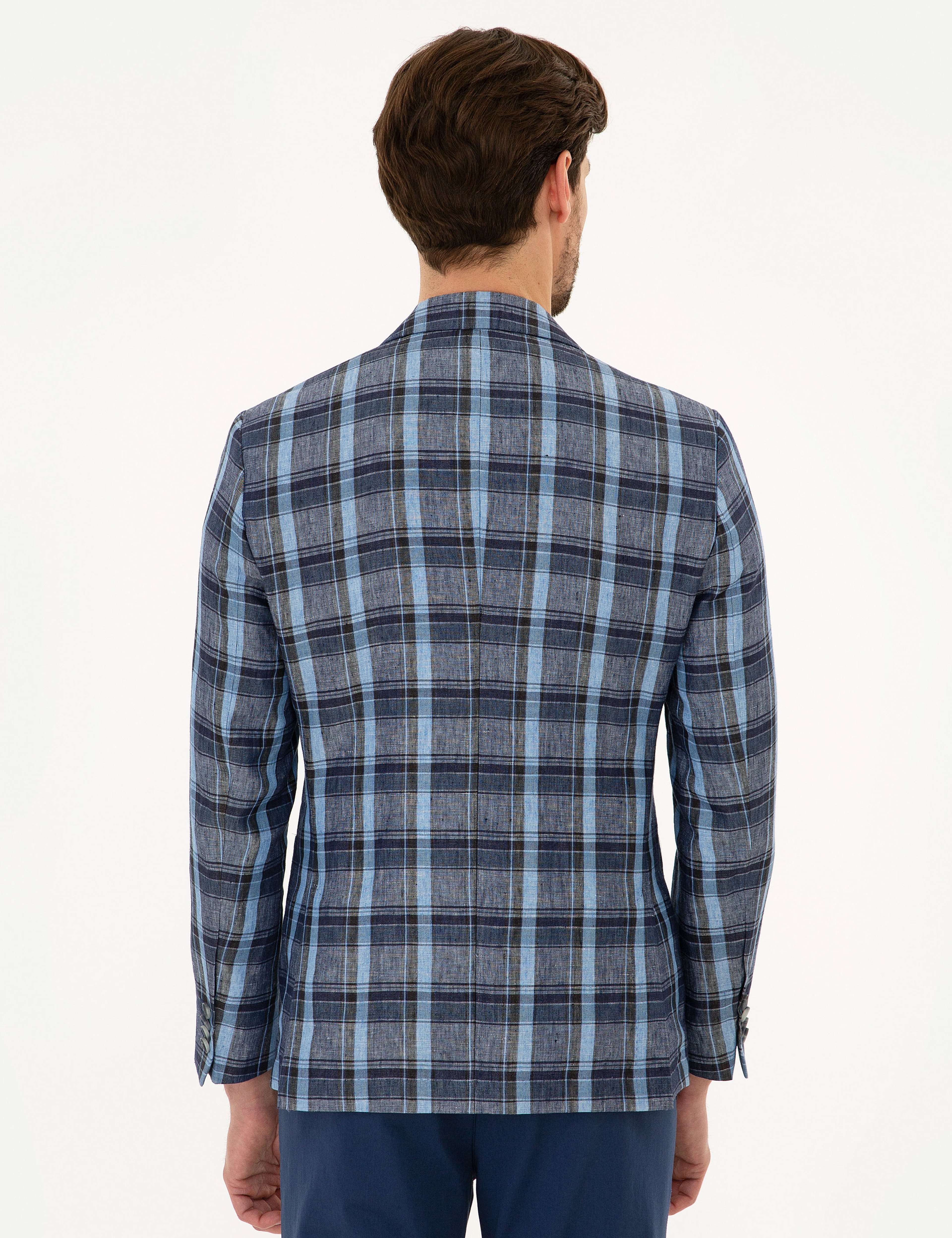 Koyu Mavi Slim Fit Ekose Ceket - Image 4