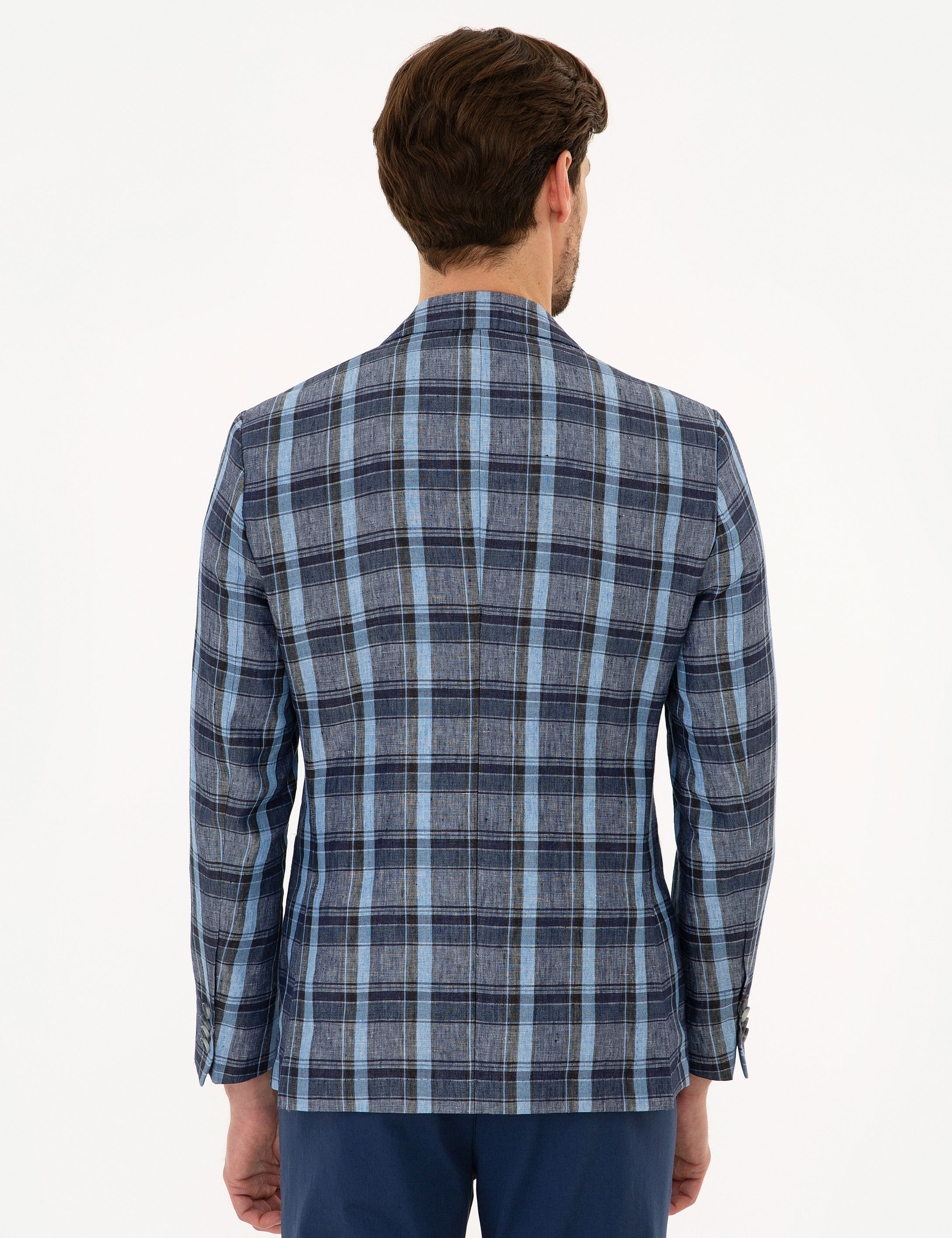 Koyu Mavi Slim Fit Ekose Ceket