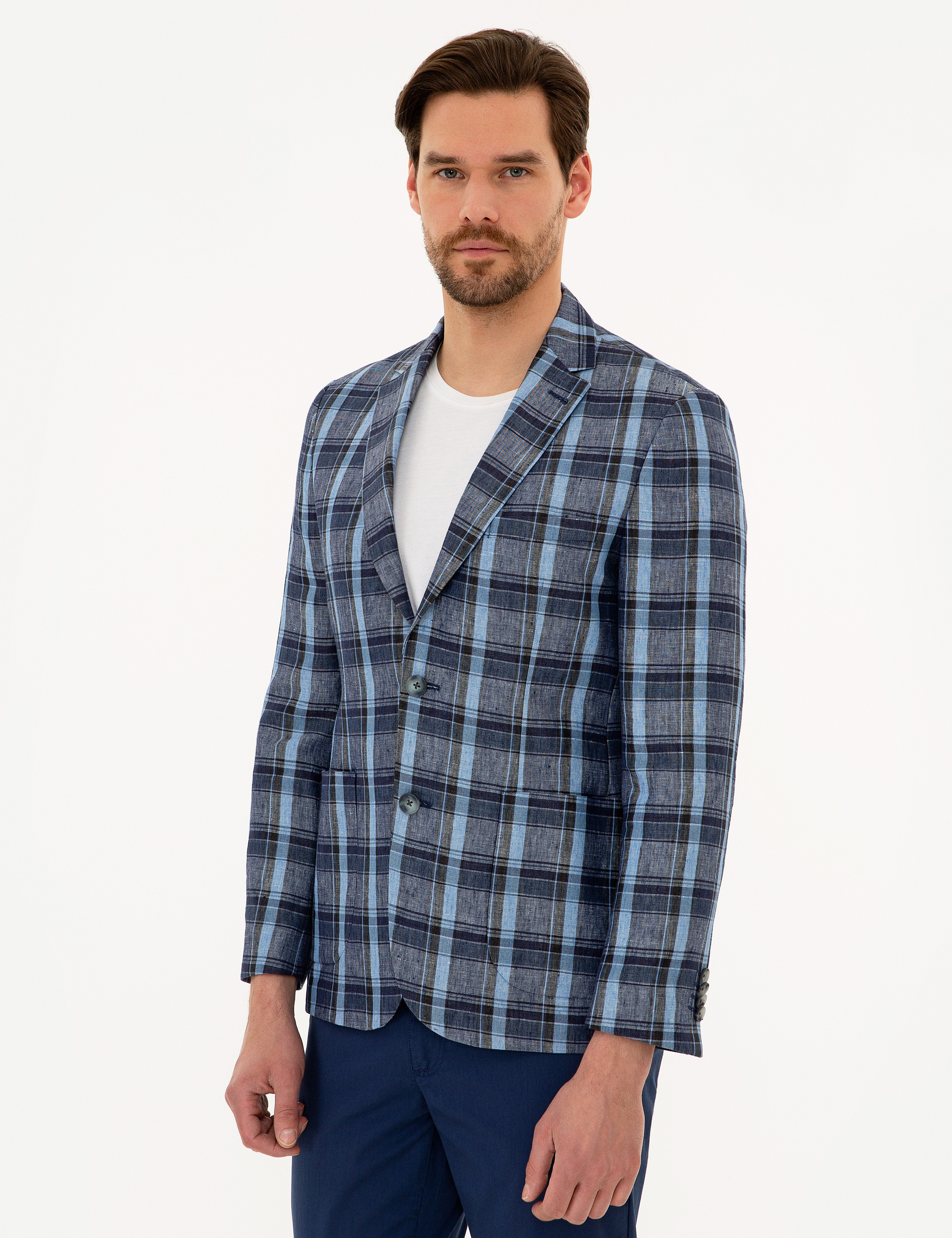 Koyu Mavi Slim Fit Ekose Ceket - Image 3