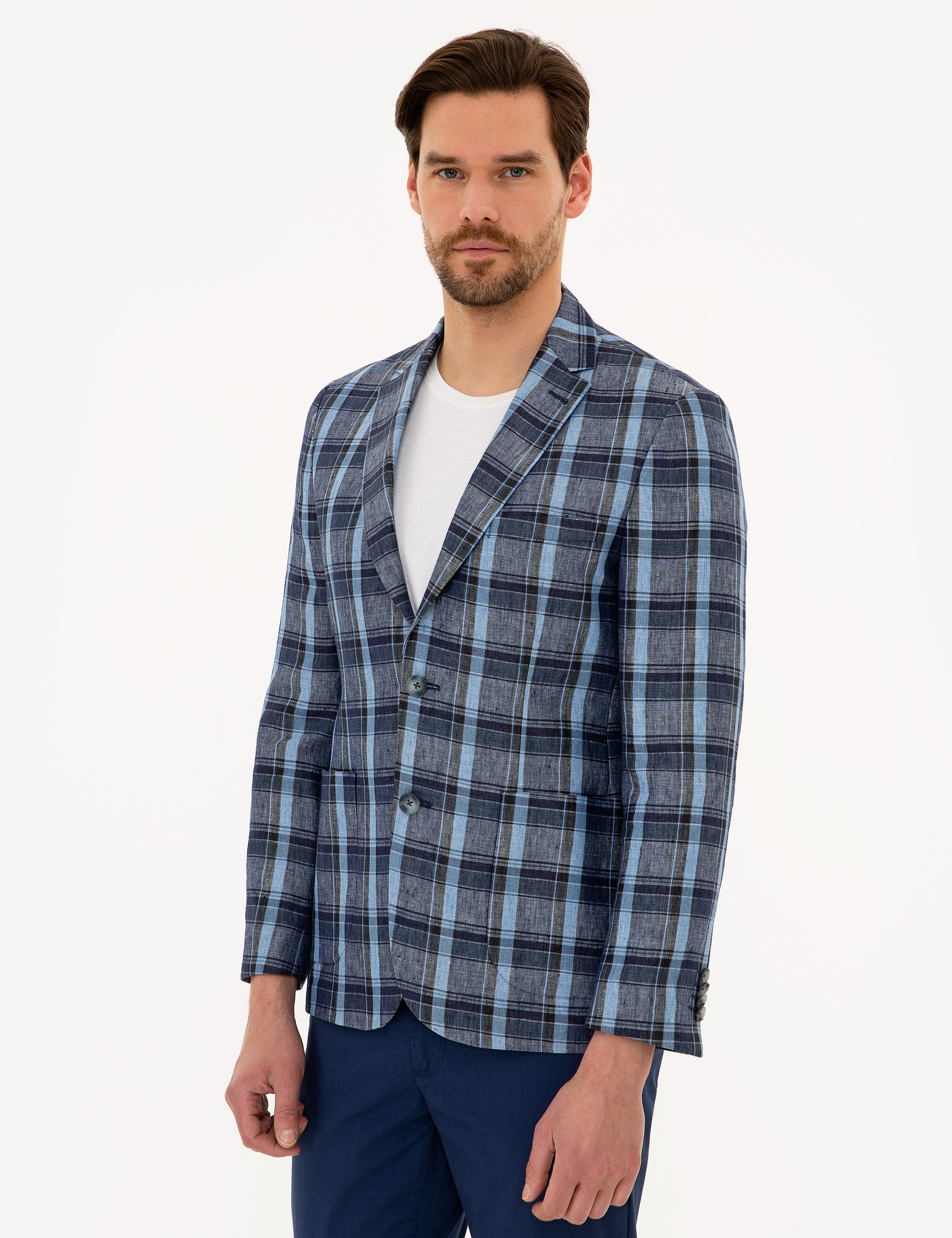 Koyu Mavi Slim Fit Ekose Ceket