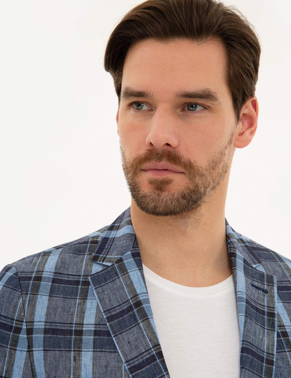 Koyu Mavi Slim Fit Ekose Ceket - 50225686035