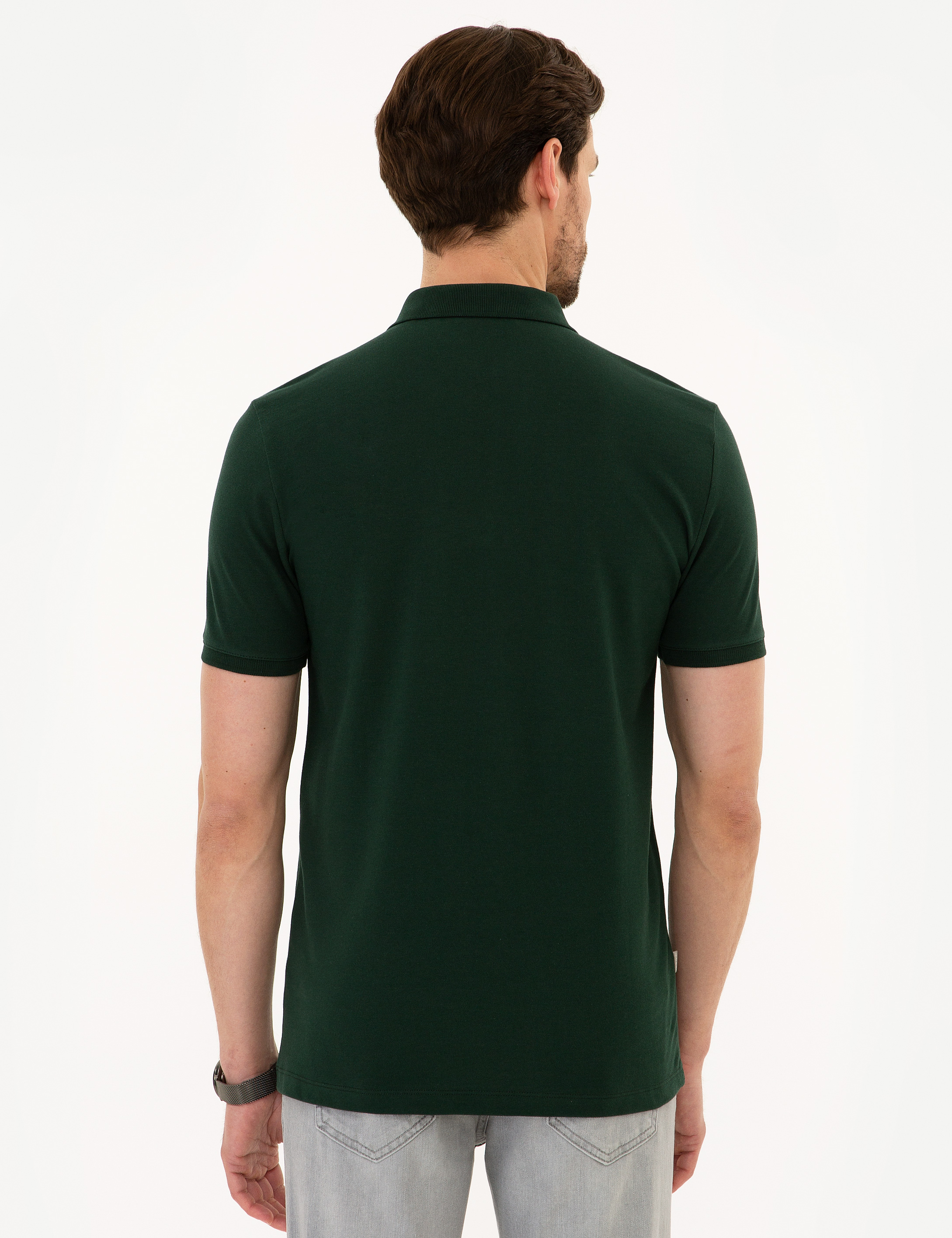Koyu Yeşil Slim Fit Basic Polo Yaka T-Shirt - Image 3