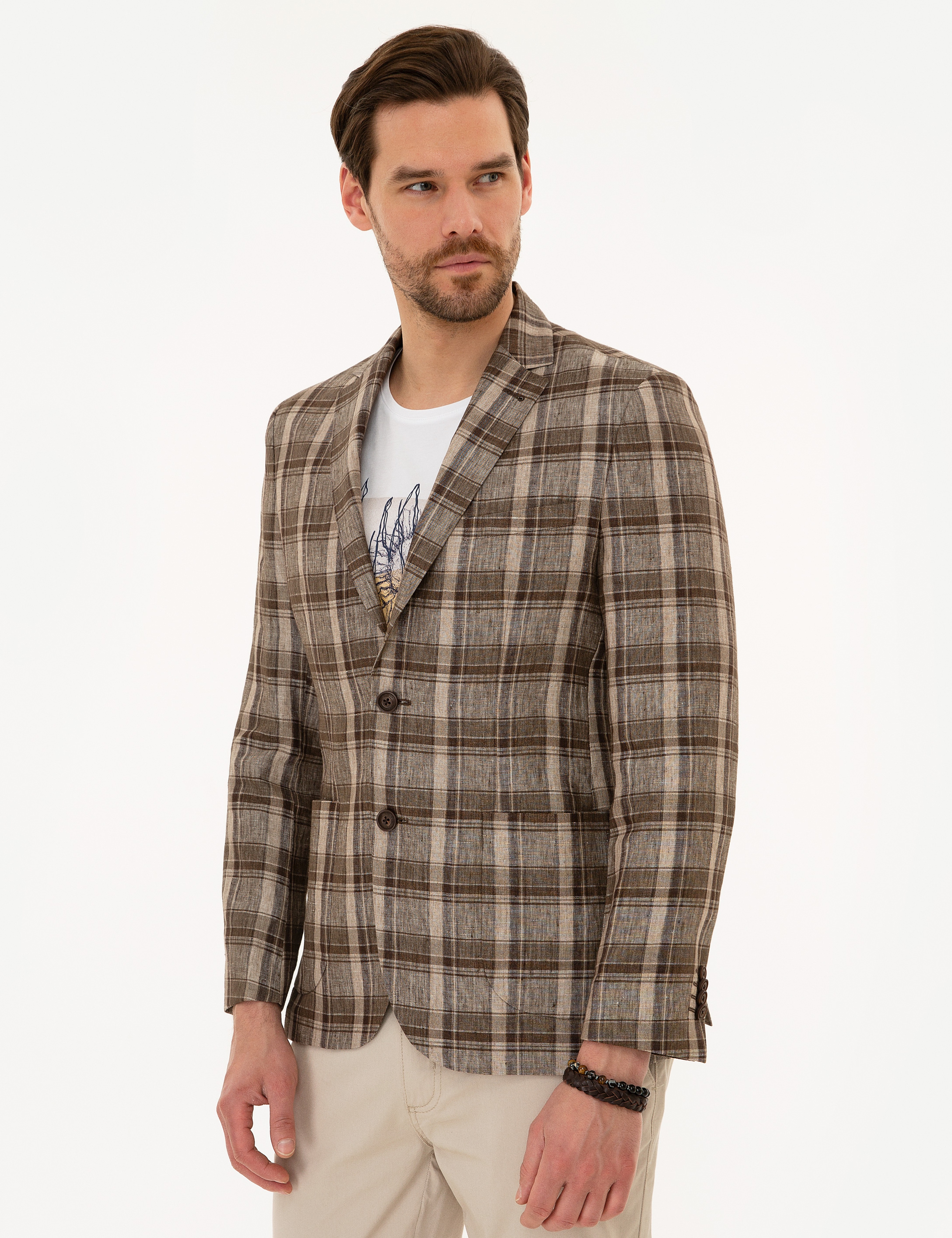 Açık Kahverengi Slim Fit Ekose Ceket
