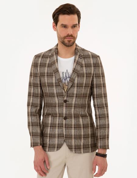 Açık Kahverengi Slim Fit Ekose Ceket - 50225686005
