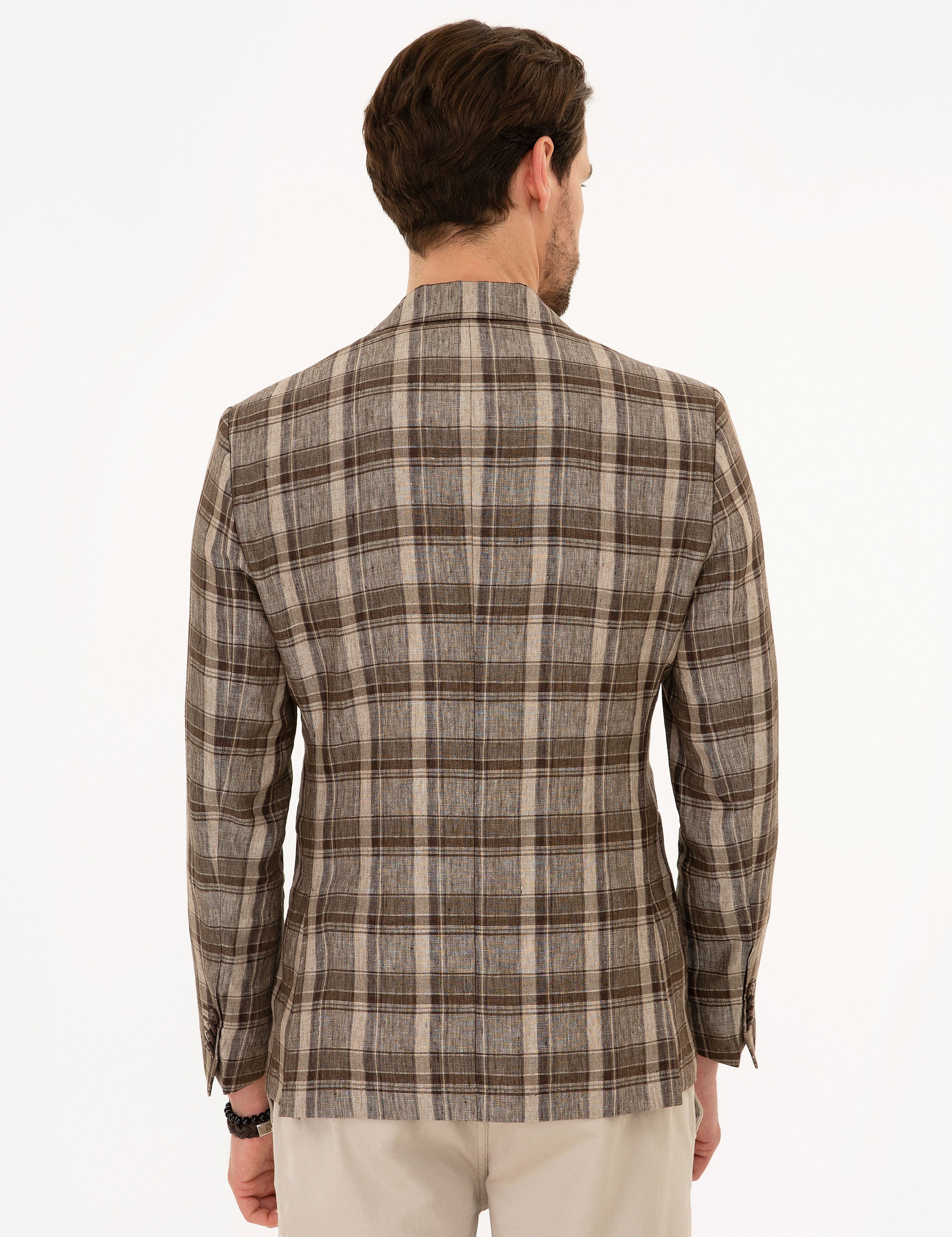 Açık Kahverengi Slim Fit Ekose Ceket - Image 6