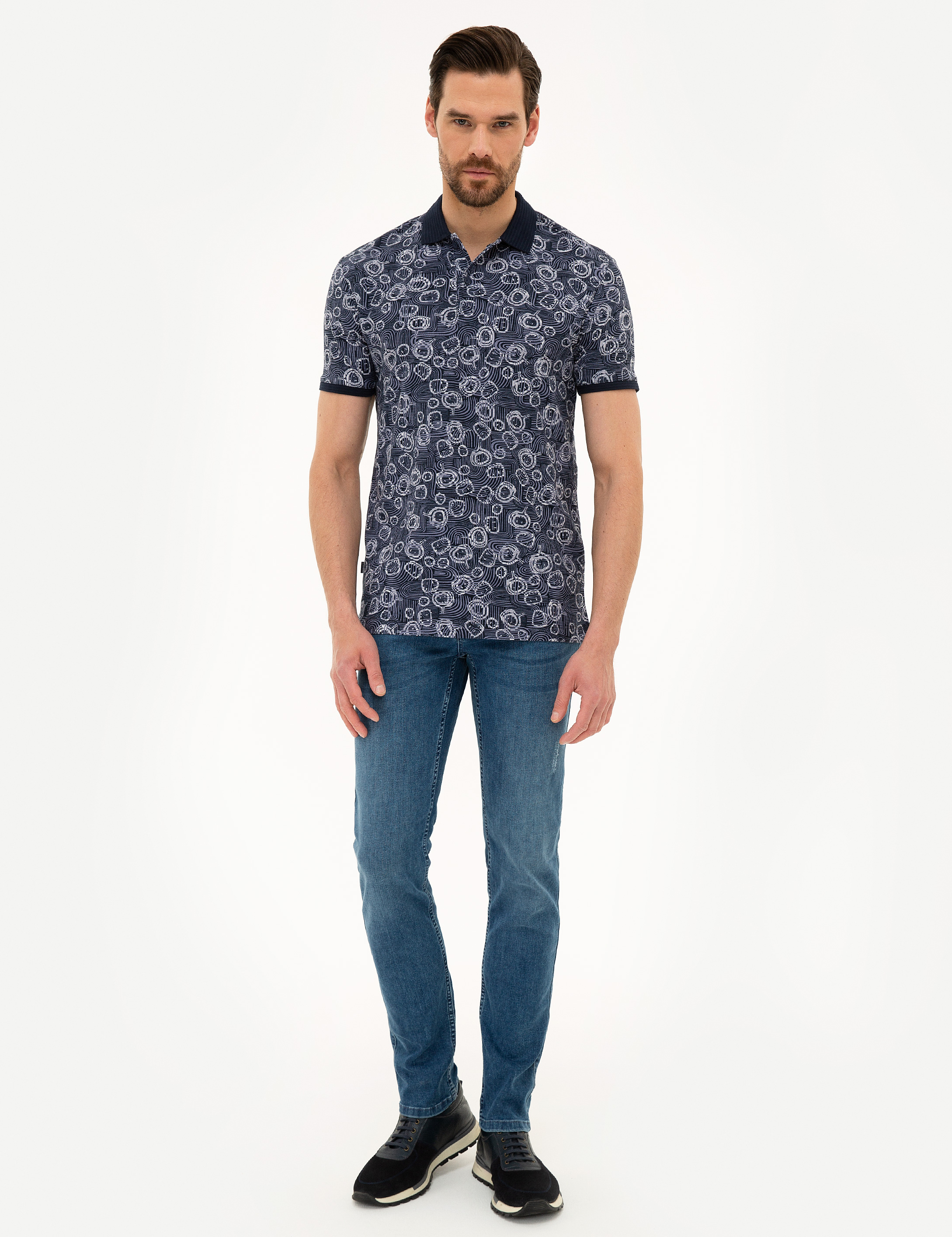 Lacivert Slim Fit Desenli Polo Yaka Tişört - Image 4
