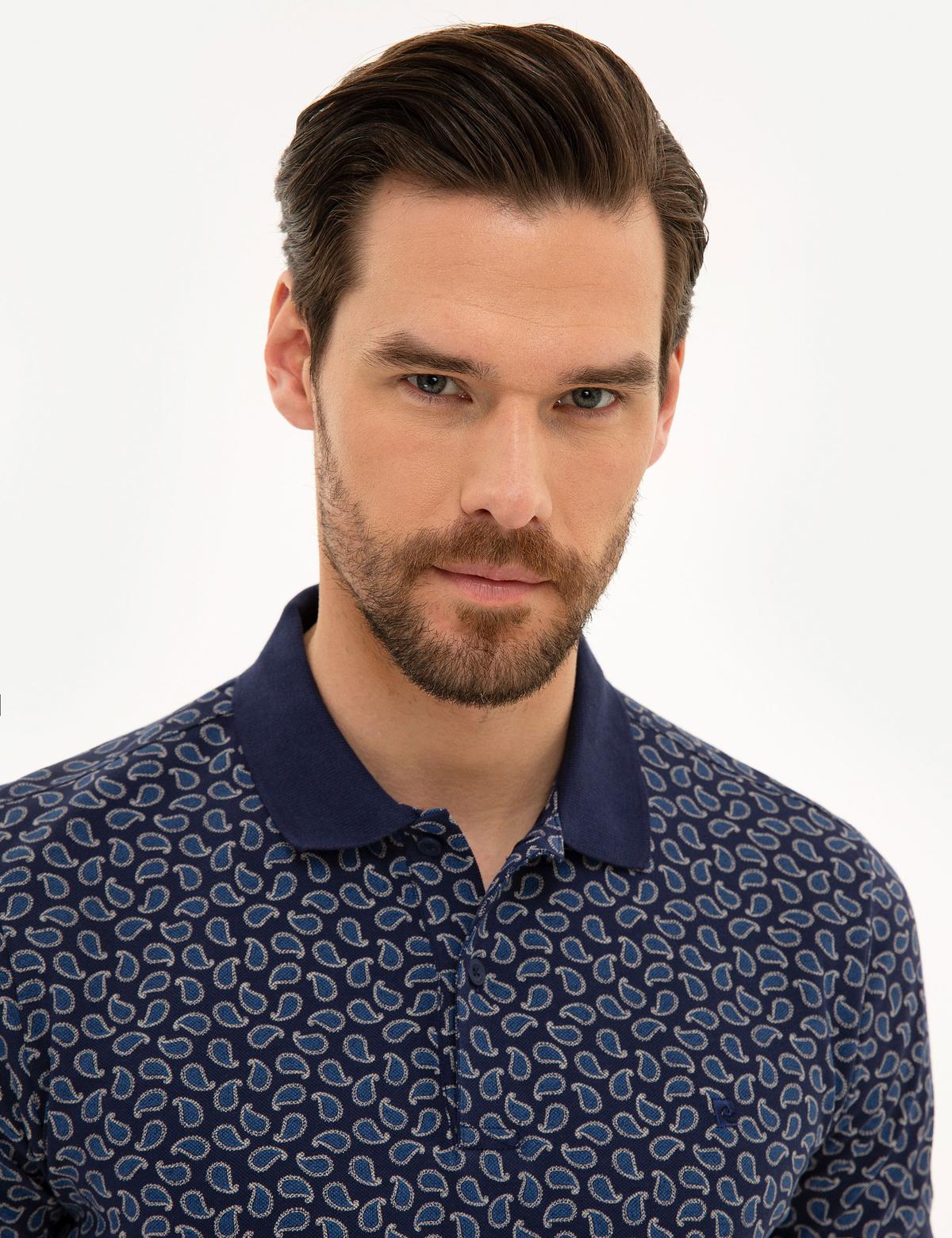 Lacivert Slim Fit Baskılı Polo Yaka Tişört - 50224543001