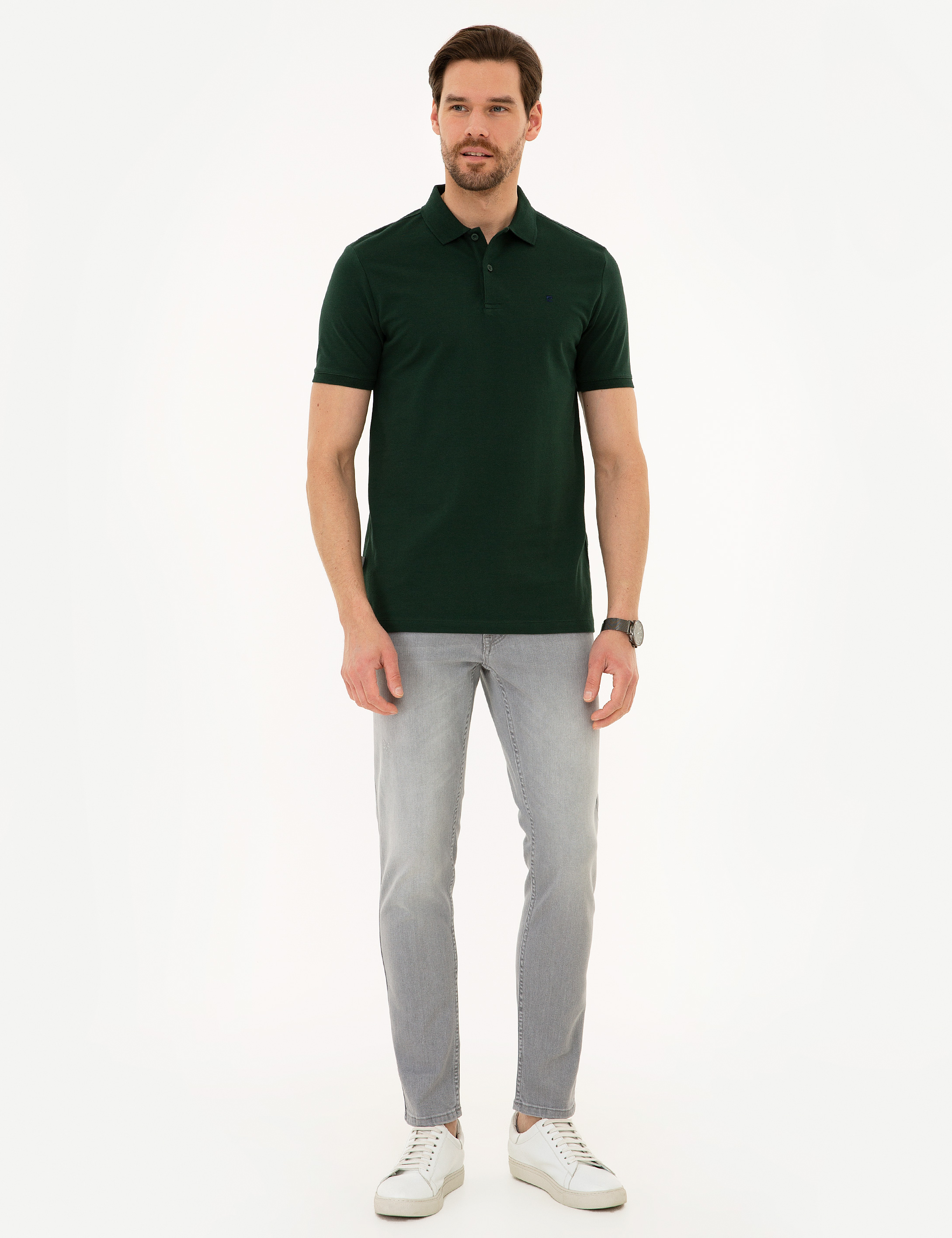 Koyu Yeşil Slim Fit Basic Polo Yaka T-Shirt - Image 4