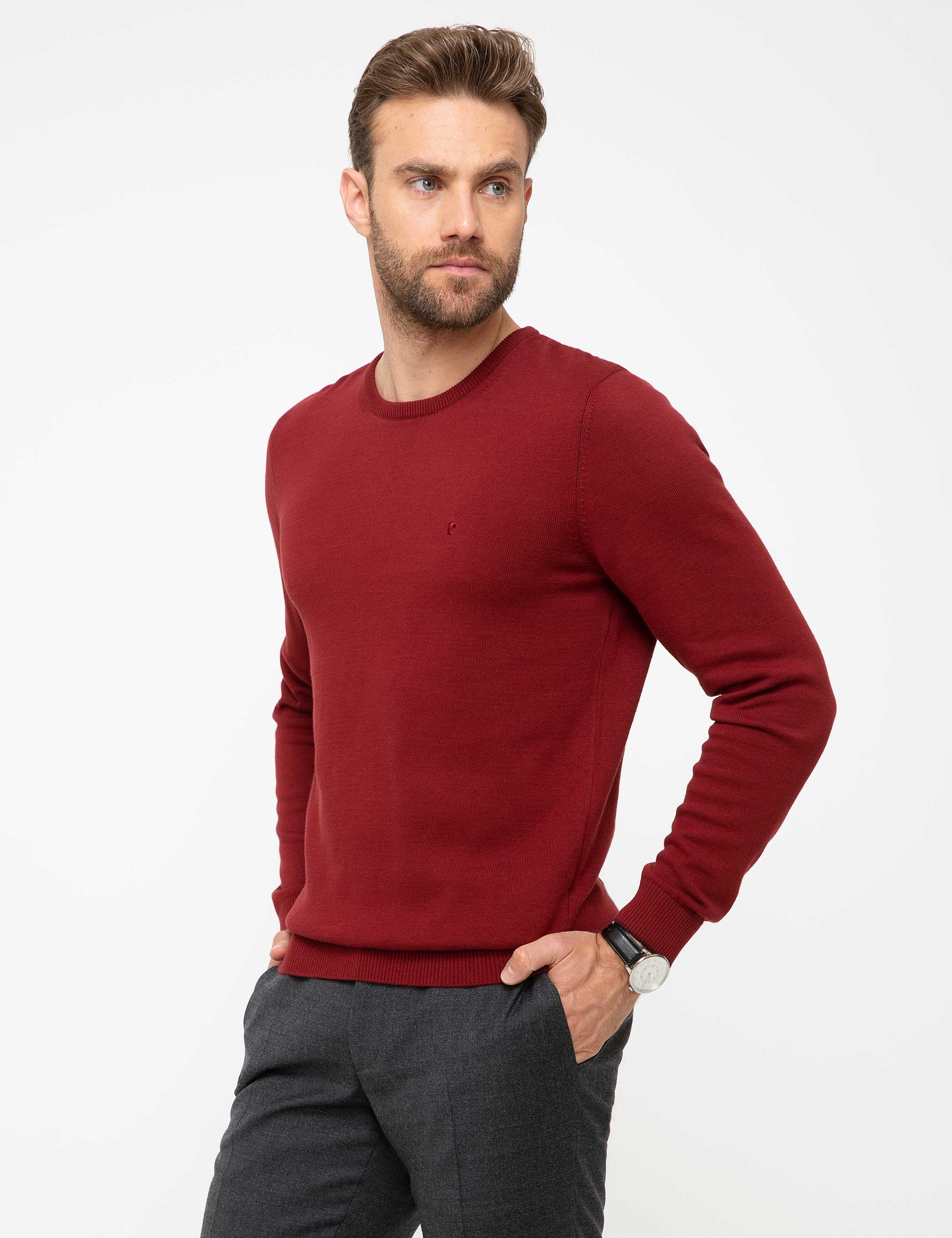 Kırmızı Slim Fit Bisiklet Yaka Basic Triko Kazak - Image 3