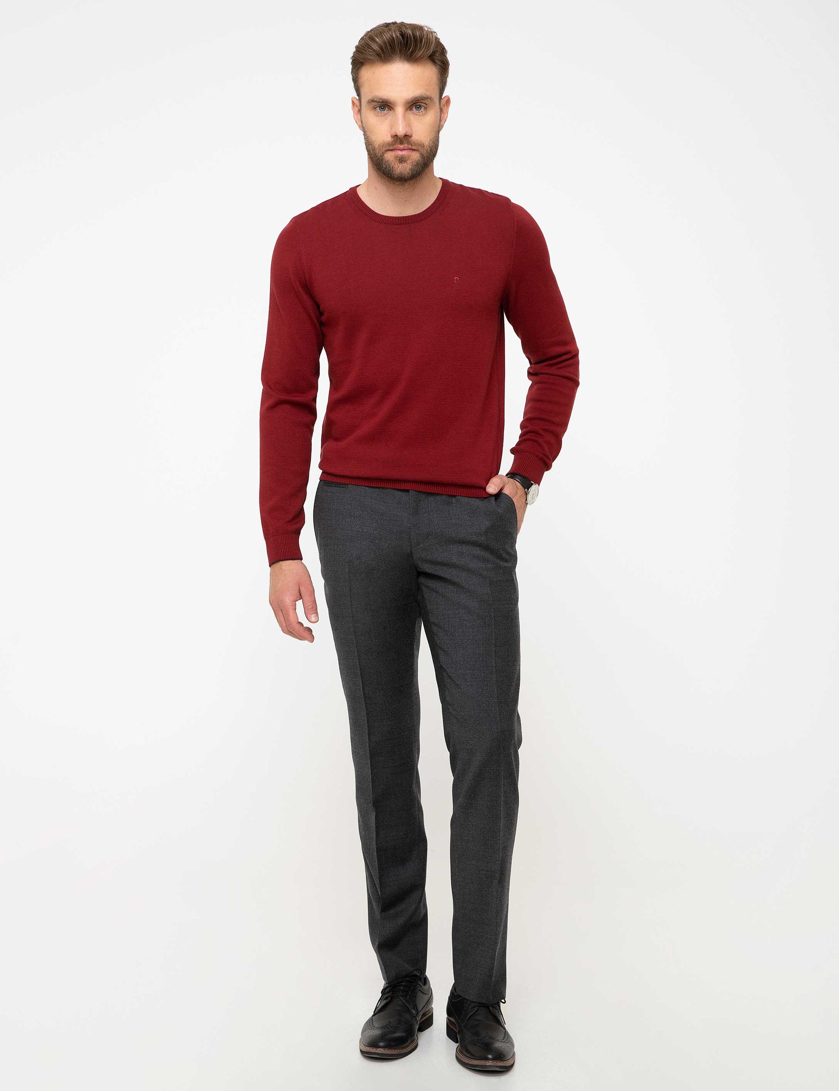 Kırmızı Slim Fit Bisiklet Yaka Basic Triko Kazak