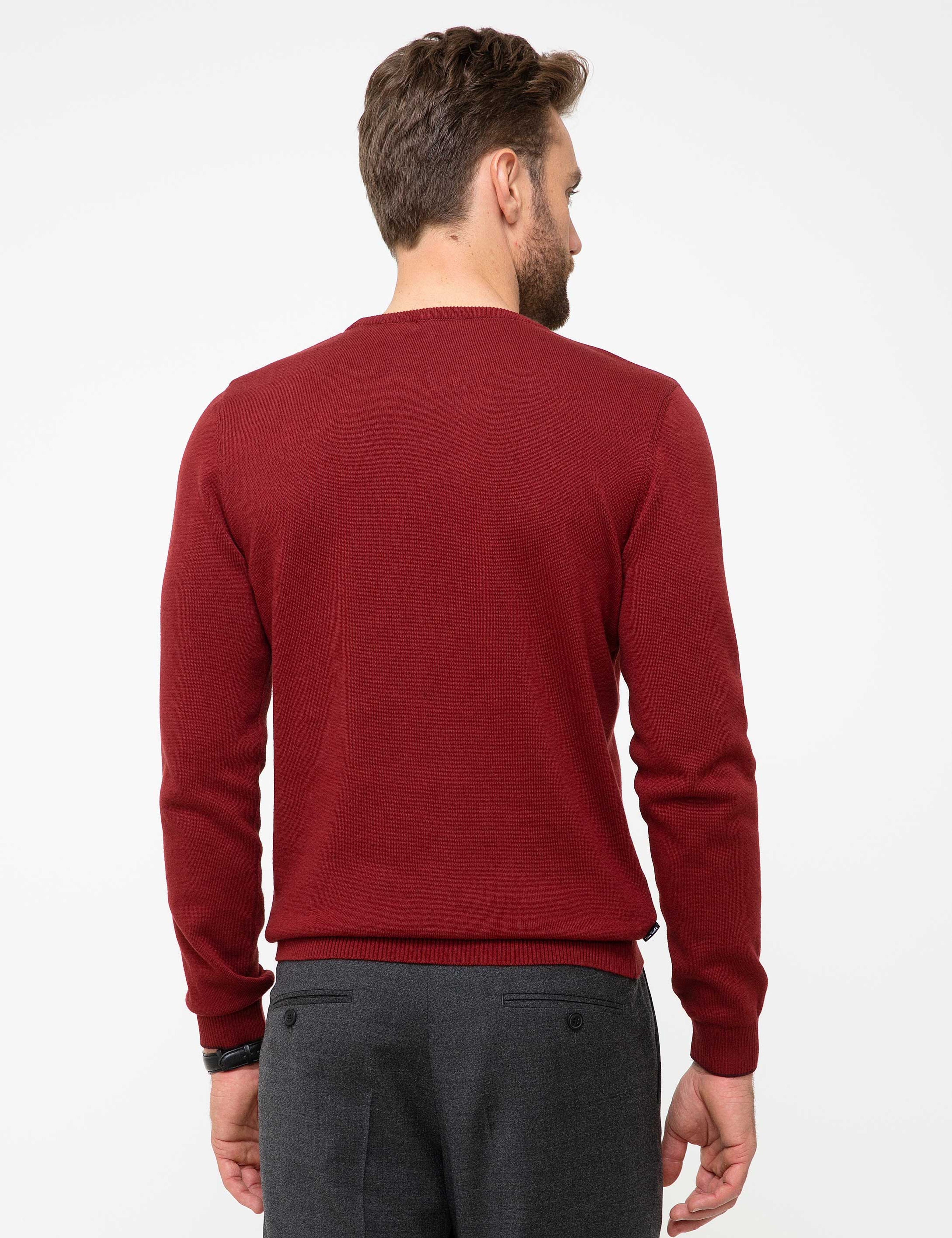 Kırmızı Slim Fit Bisiklet Yaka Basic Triko Kazak - Image 4