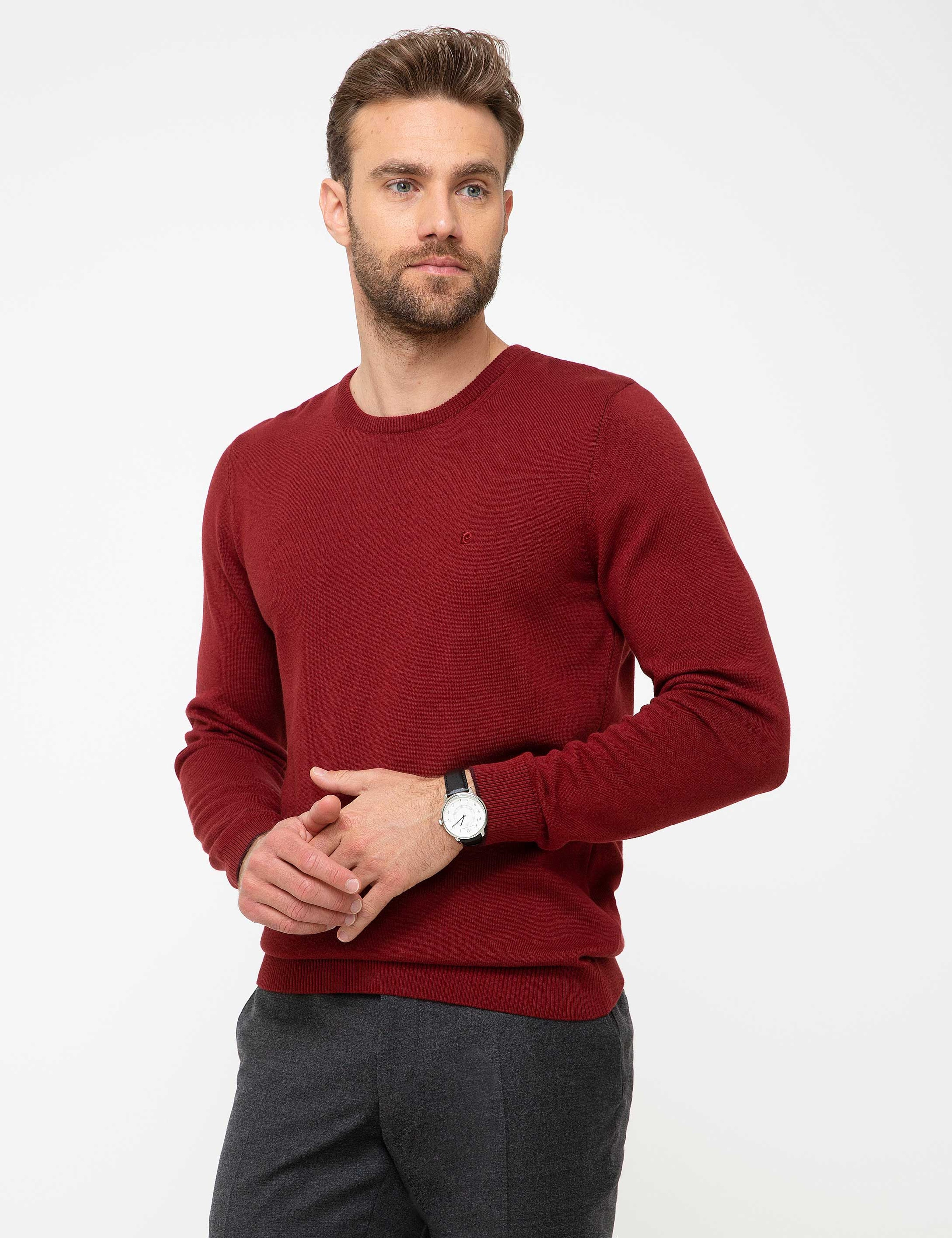 Kırmızı Slim Fit Bisiklet Yaka Basic Triko Kazak - Image 2