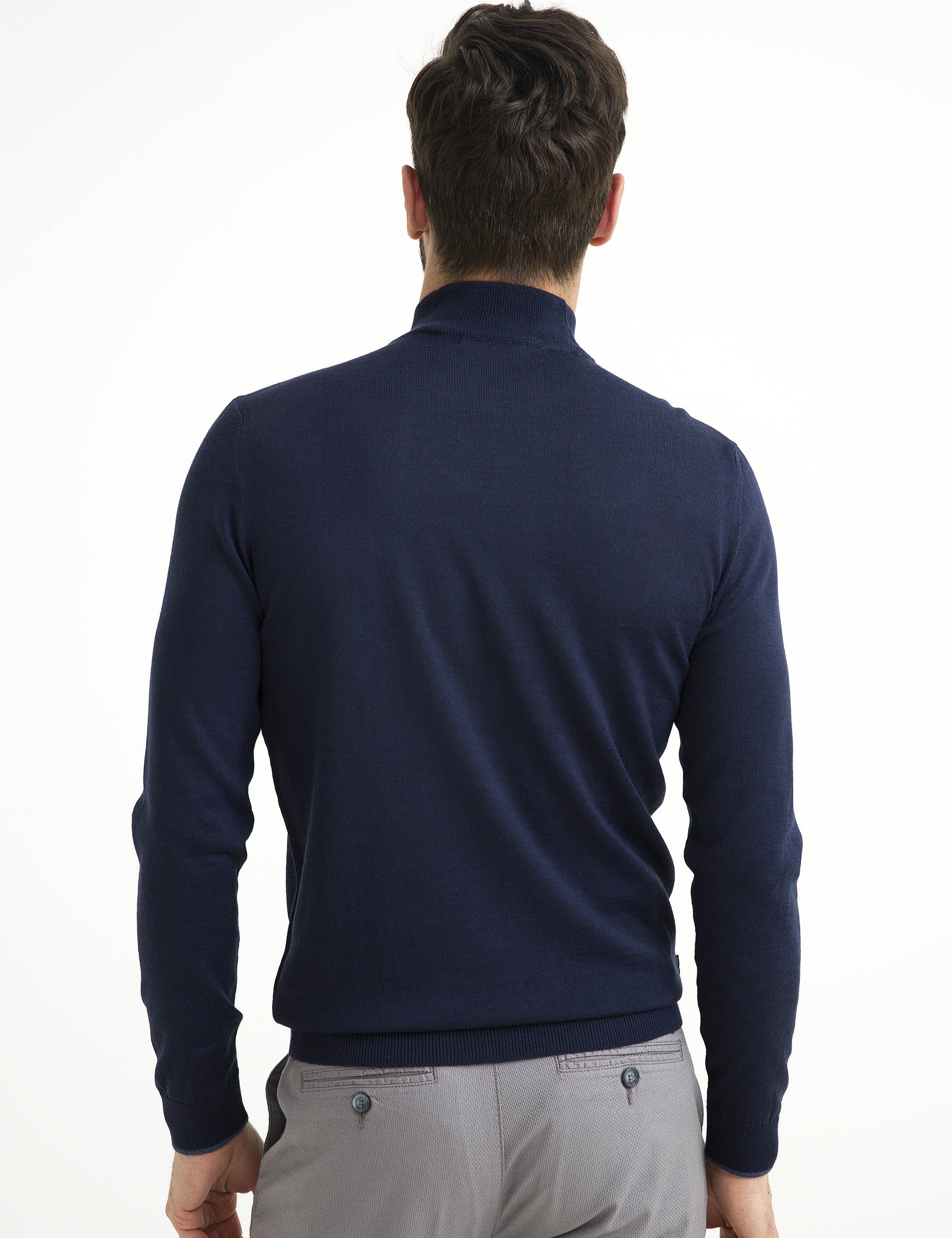 Lacivert Slim Fit Yarım Balıkçı Yaka Yün Karışımlı Basic Triko Kazak