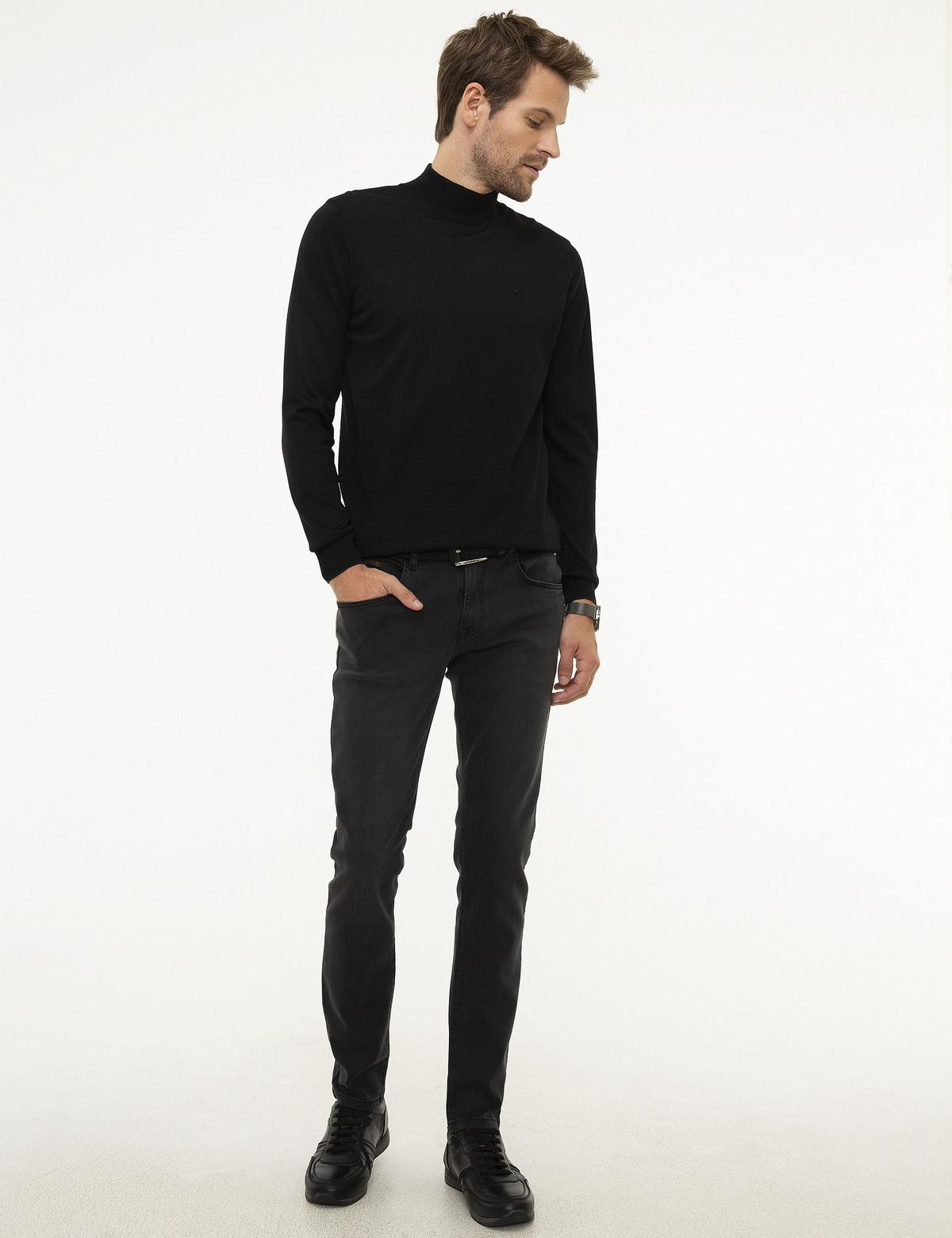 Siyah Slim Fit Yarım Balıkçı Yaka Basic Triko Kazak - 50206758066