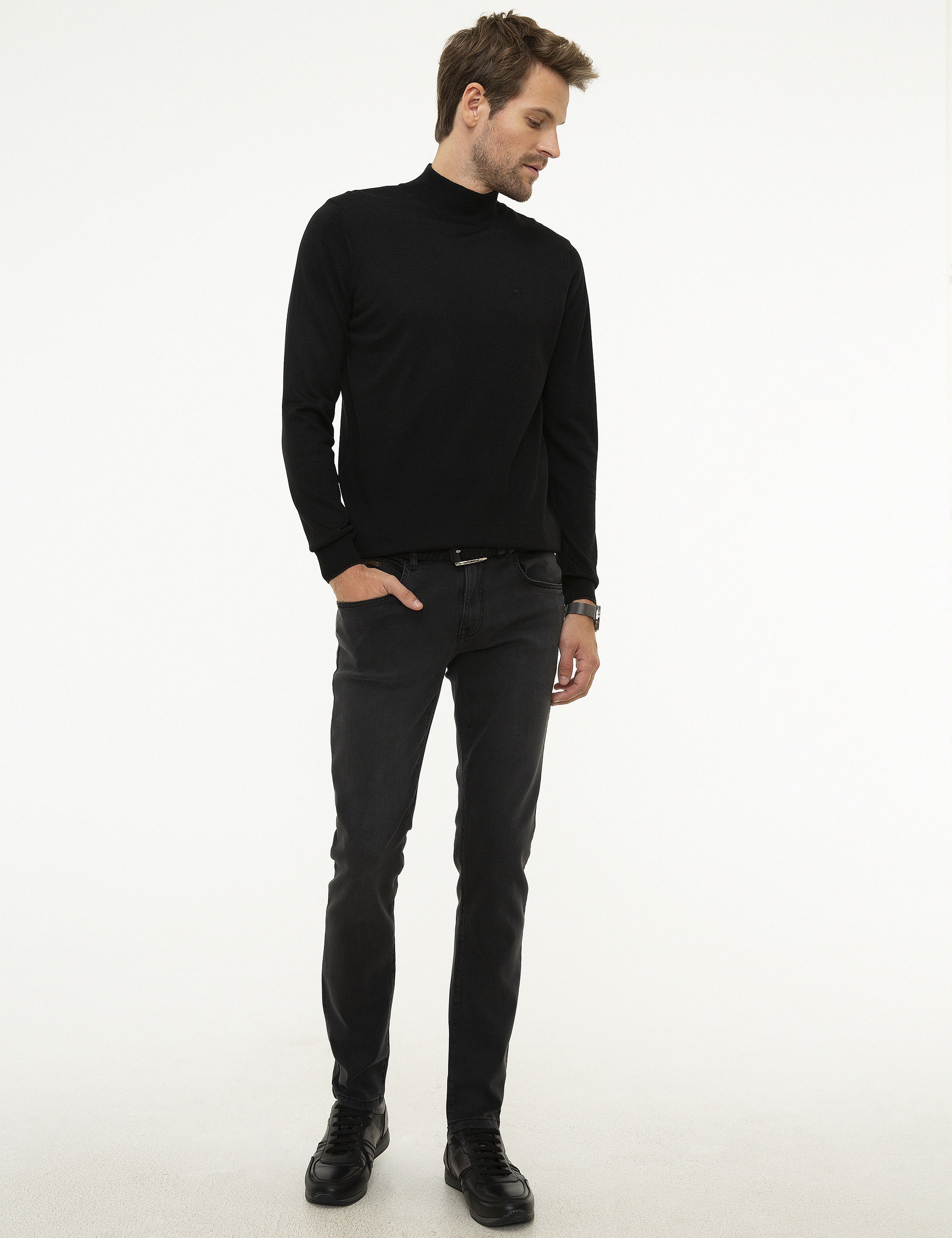 Siyah Slim Fit Yarım Balıkçı Yaka Basic Triko Kazak - Image 5