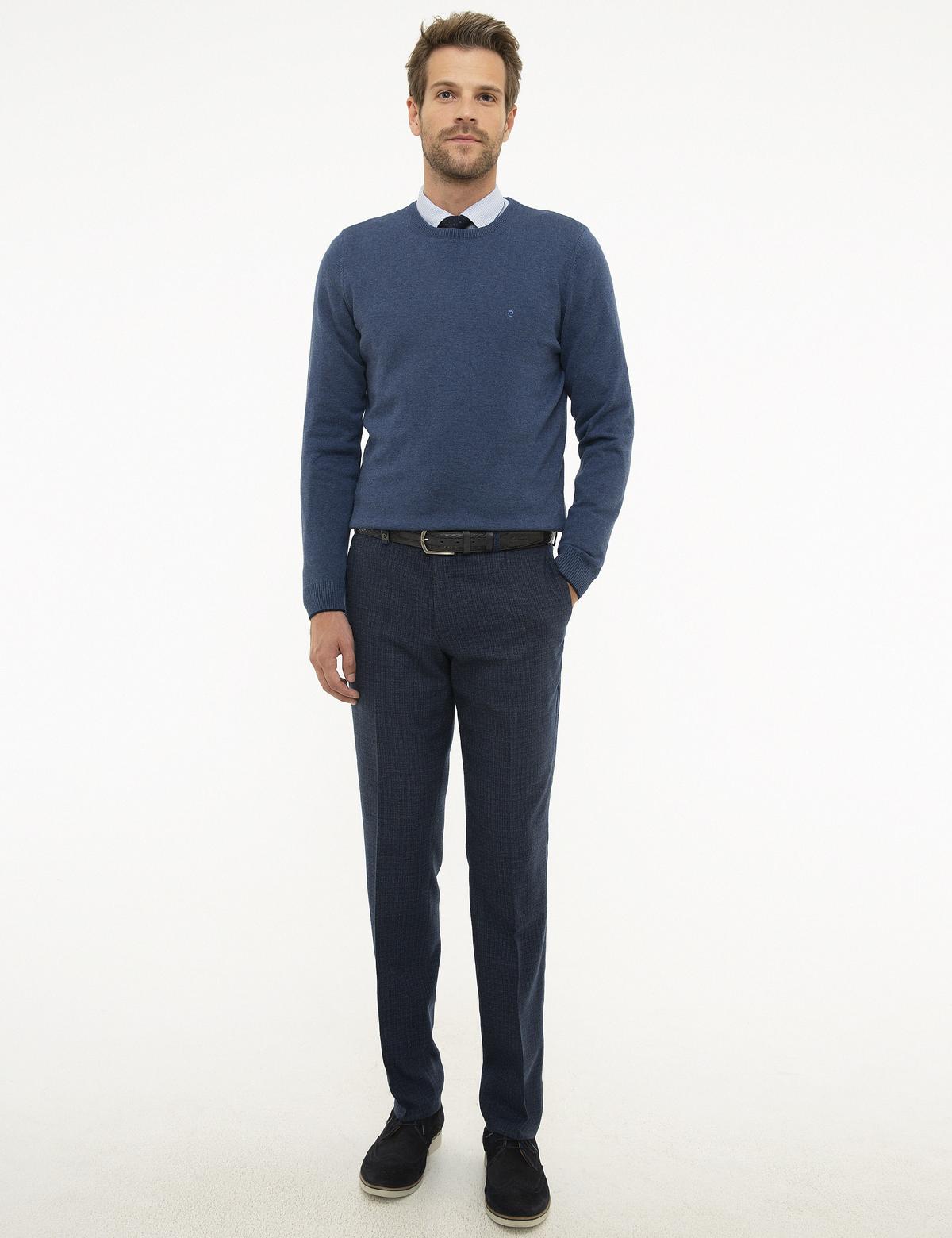 İndigo Mavi Melanj Slim Fit Bisiklet Yaka Basic Triko Kazak - 50207445216