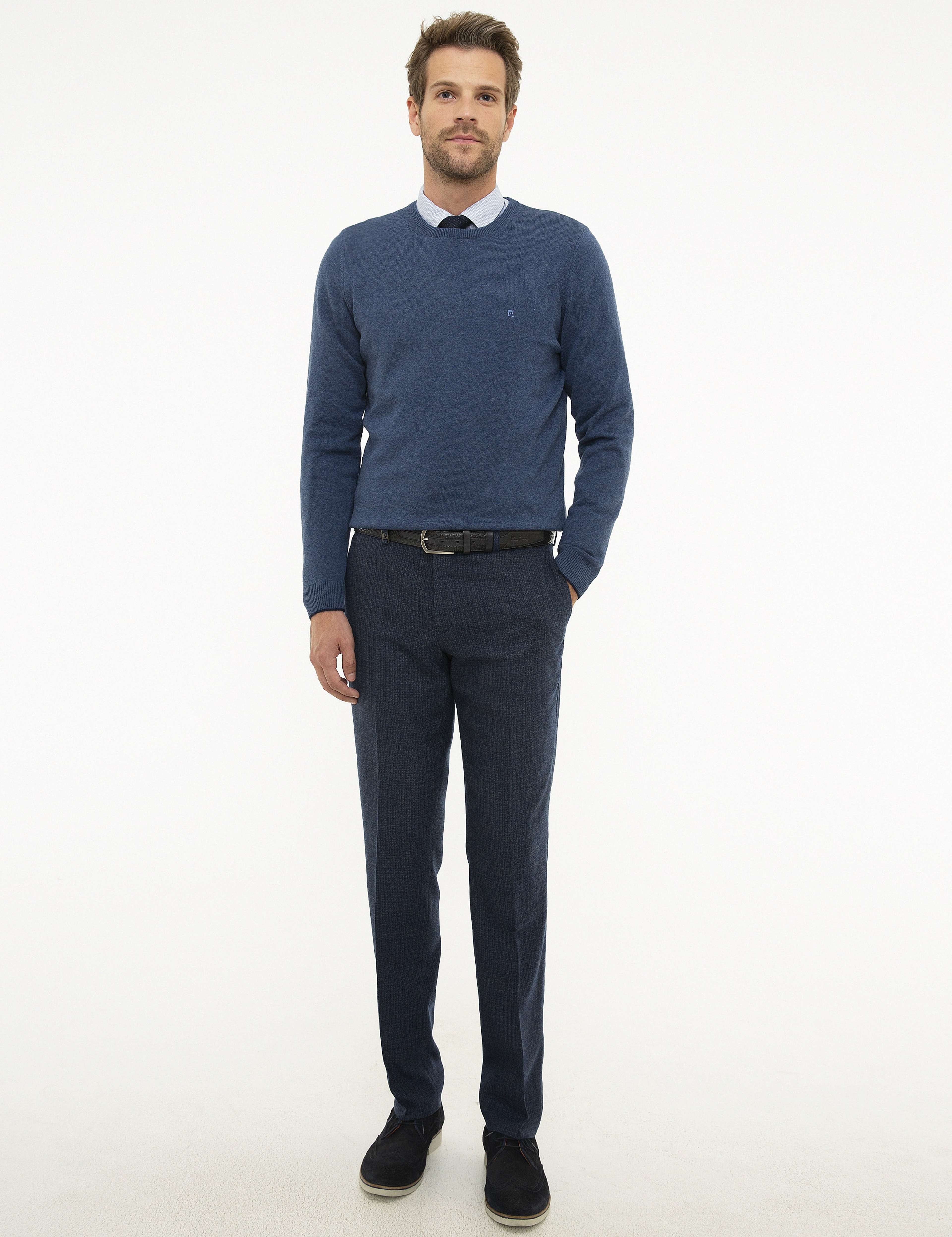 İndigo Mavi Melanj Slim Fit Bisiklet Yaka Basic Triko Kazak - Image 5