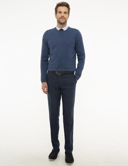 İndigo Mavi Melanj Slim Fit Bisiklet Yaka Basic Triko Kazak - 50207445216