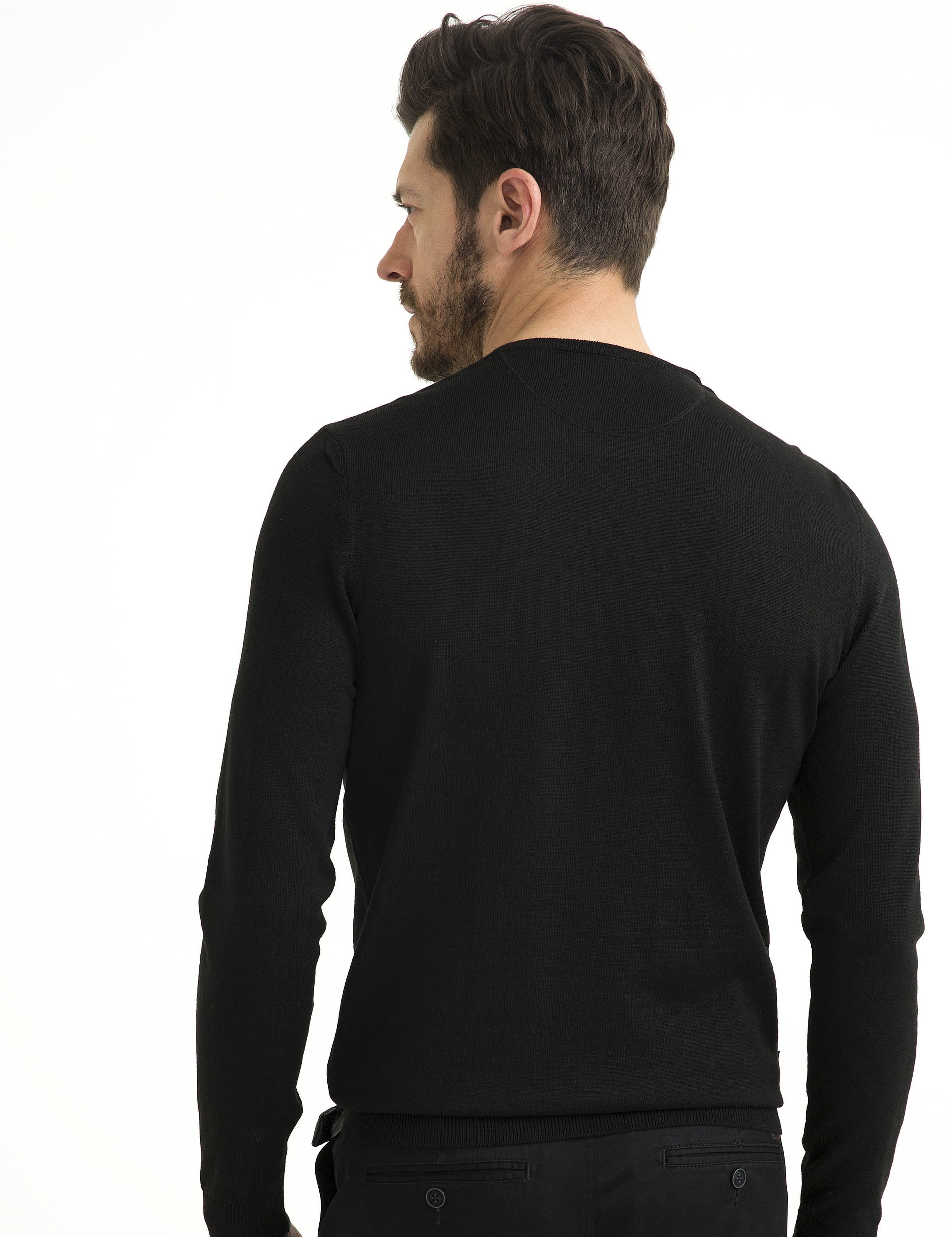 Siyah Slim Fit Bisiklet Yaka Yün Karışımlı Basic Triko Kazak - Image 5