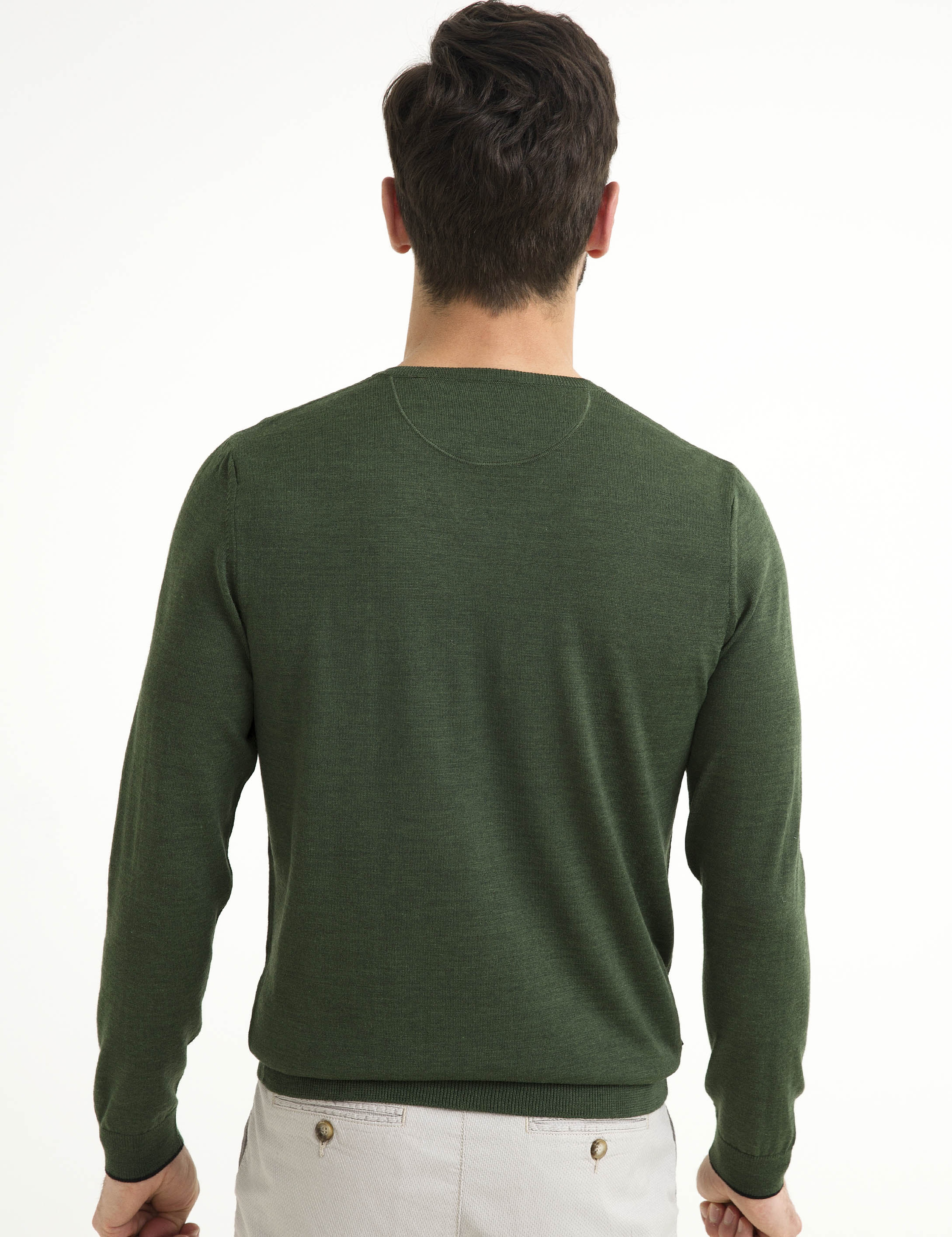 Yeşil Slim Fit V Yaka Basic Triko Kazak - Image 5