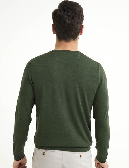 Yeşil Slim Fit V Yaka Basic Triko Kazak - 50193441041