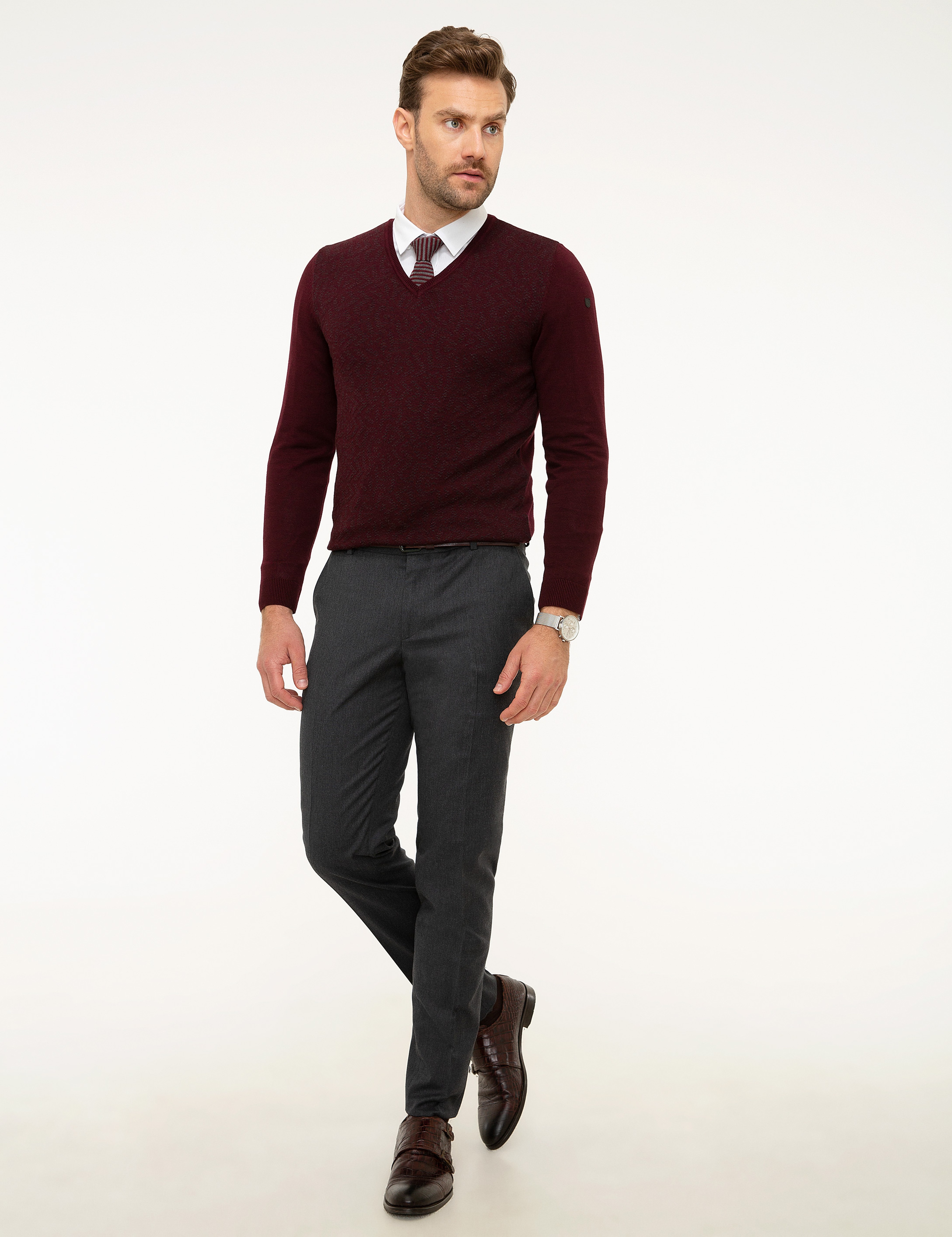 Bordo Slim Fit V Yaka Triko Kazak - Image 5