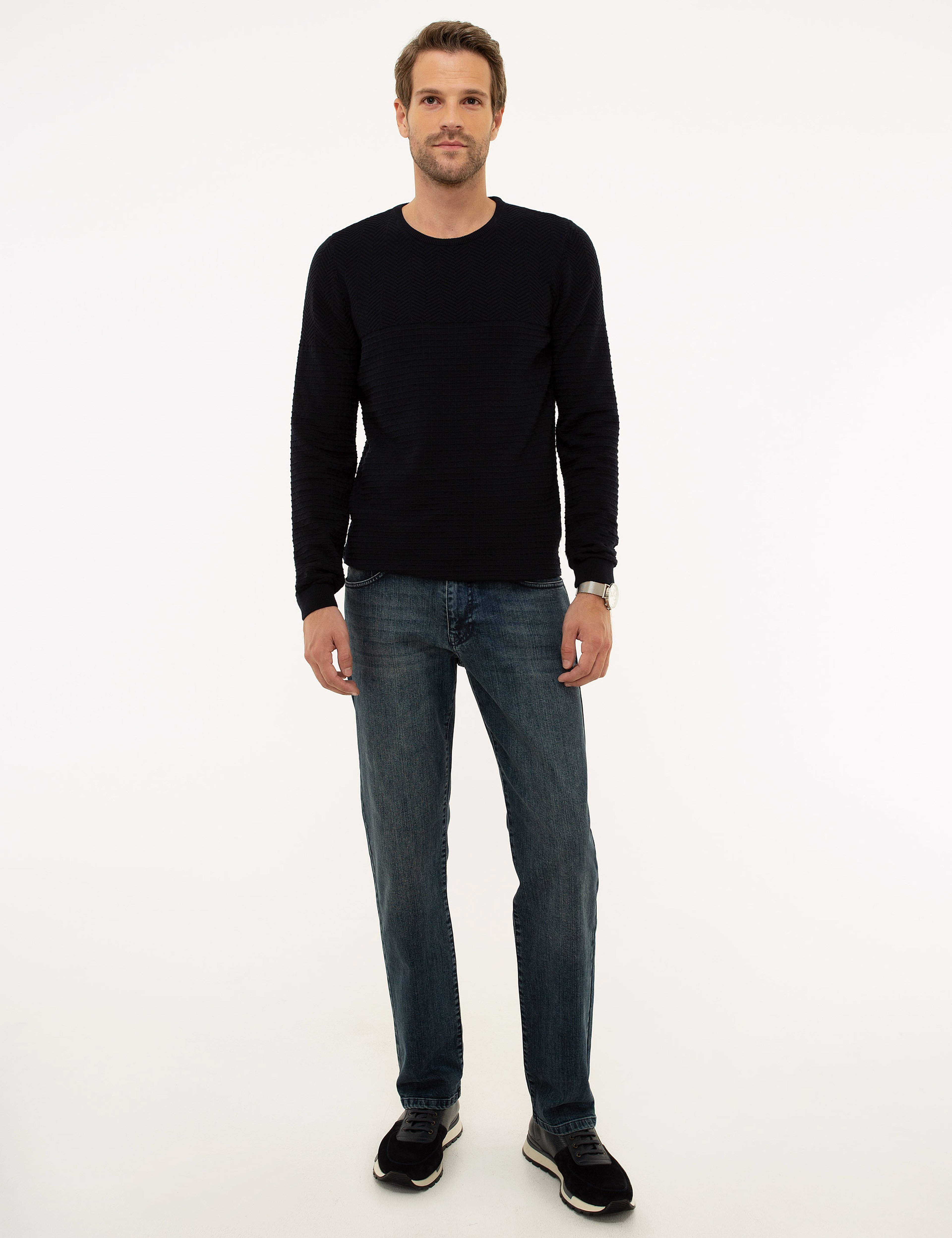 Koyu Lacivert Slim Fit Bisiklet Yaka Triko Kazak - Image 5