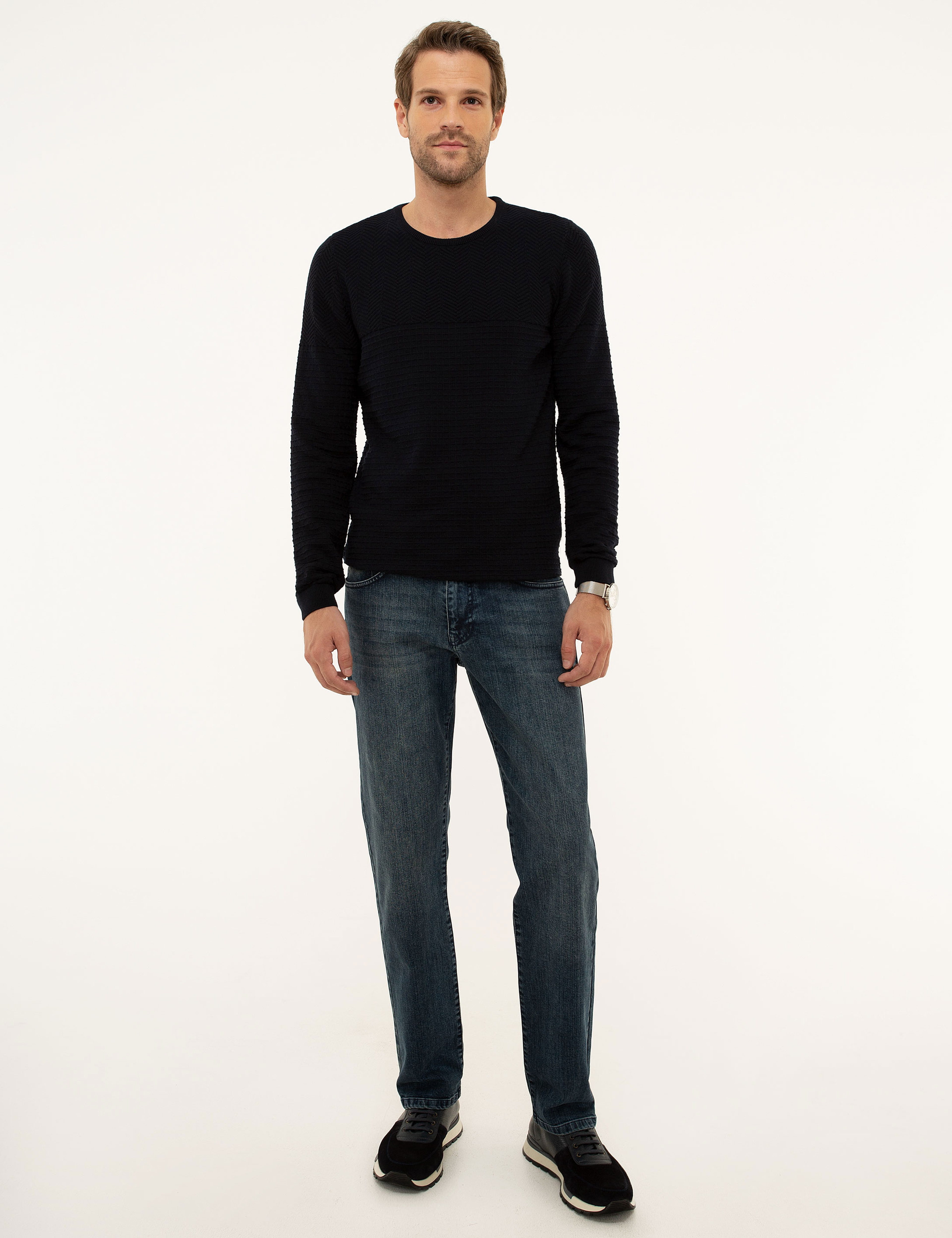 Koyu Lacivert Slim Fit Bisiklet Yaka Triko Kazak