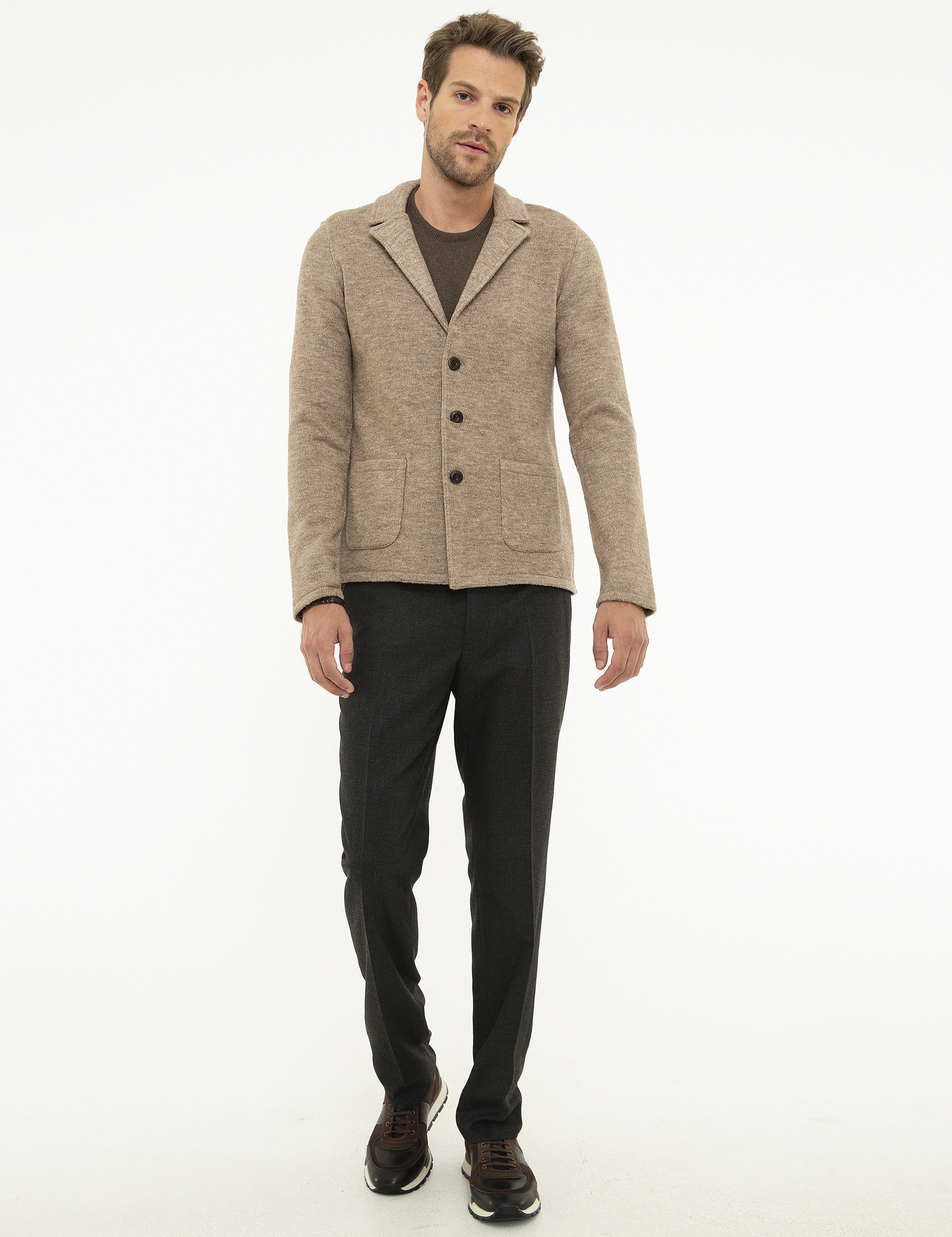 Bej Slim Fit Triko Hırka - Image 5