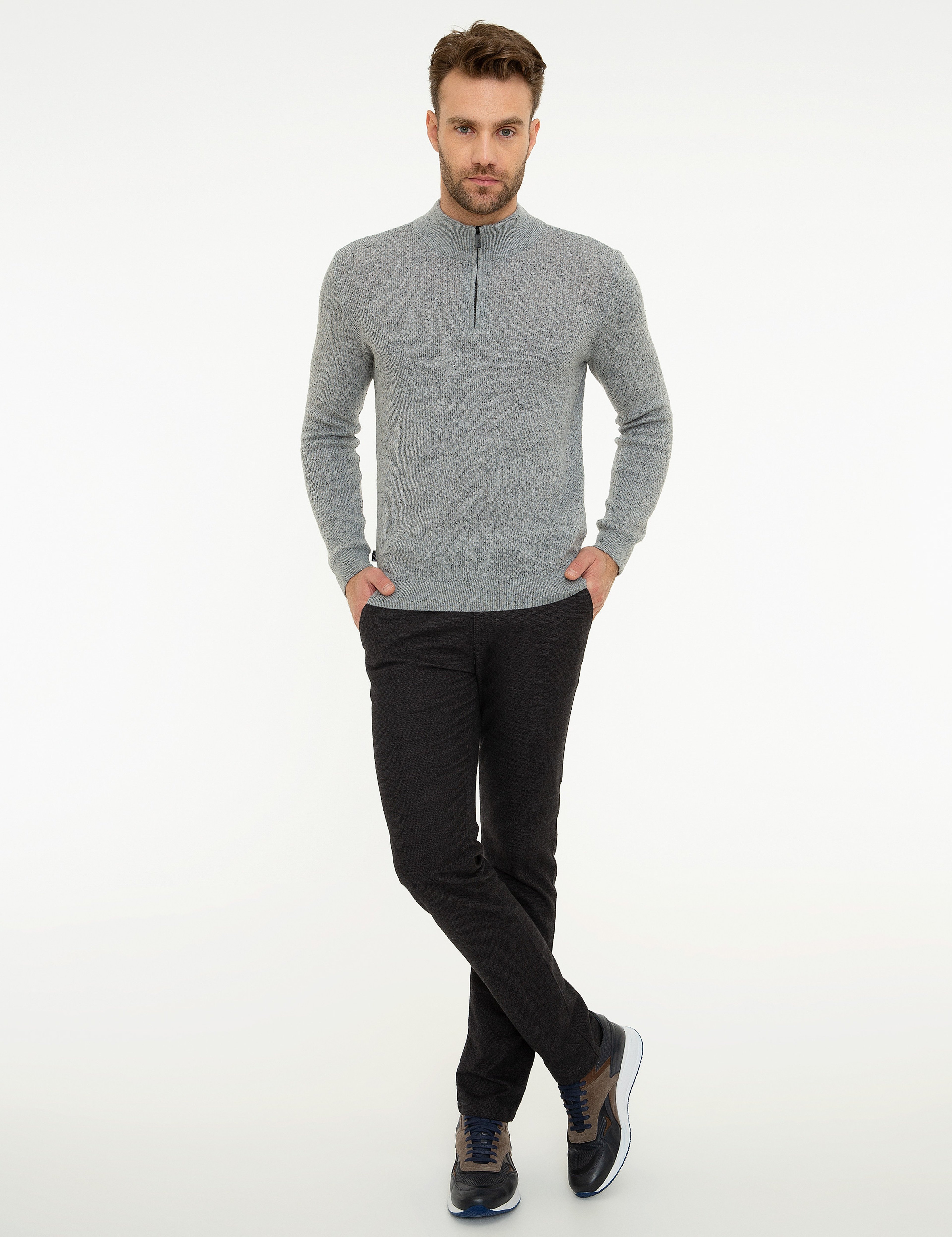Gri Slim Fit Fermuarlı Triko Kazak - Image 5