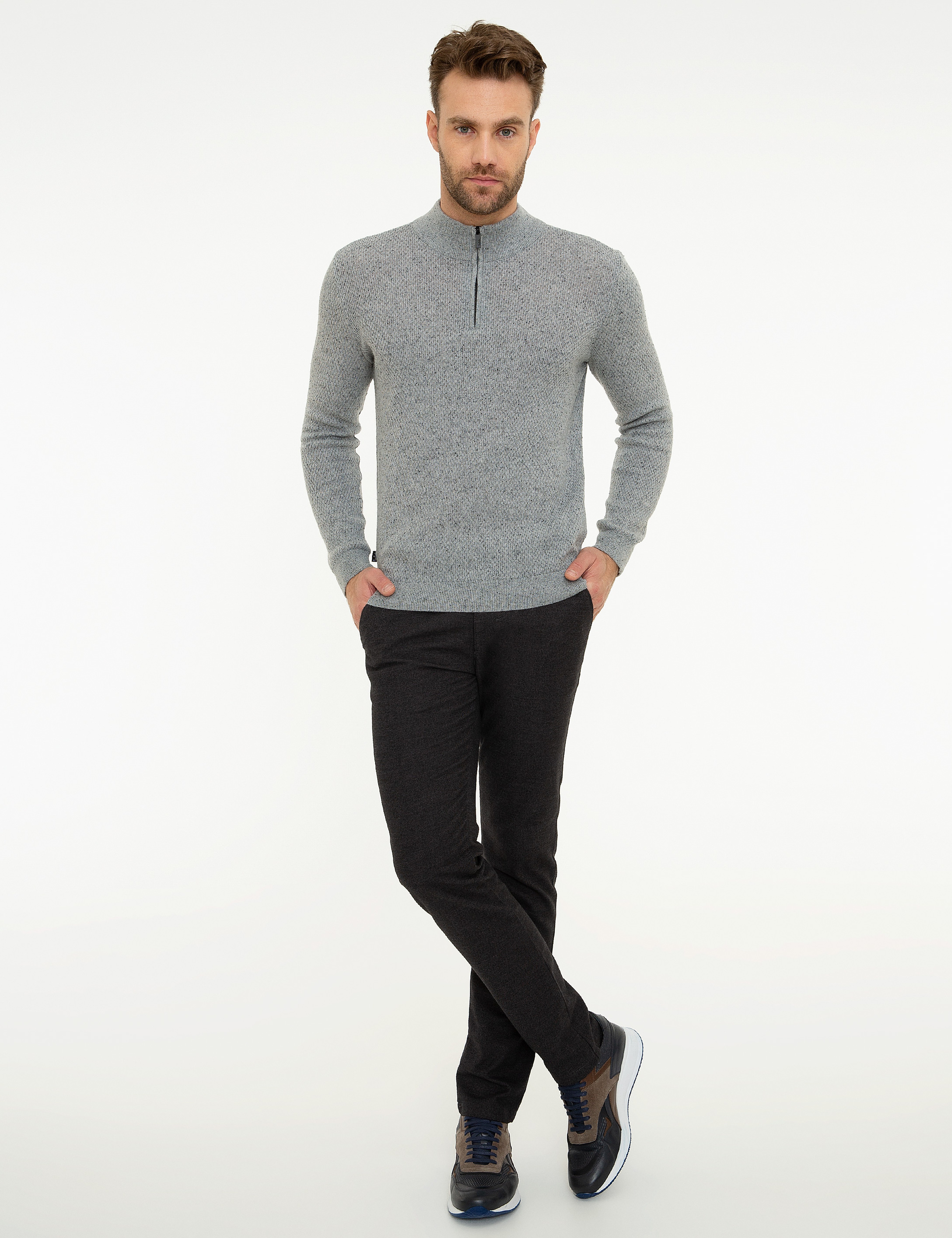 Gri Slim Fit Fermuarlı Triko Kazak