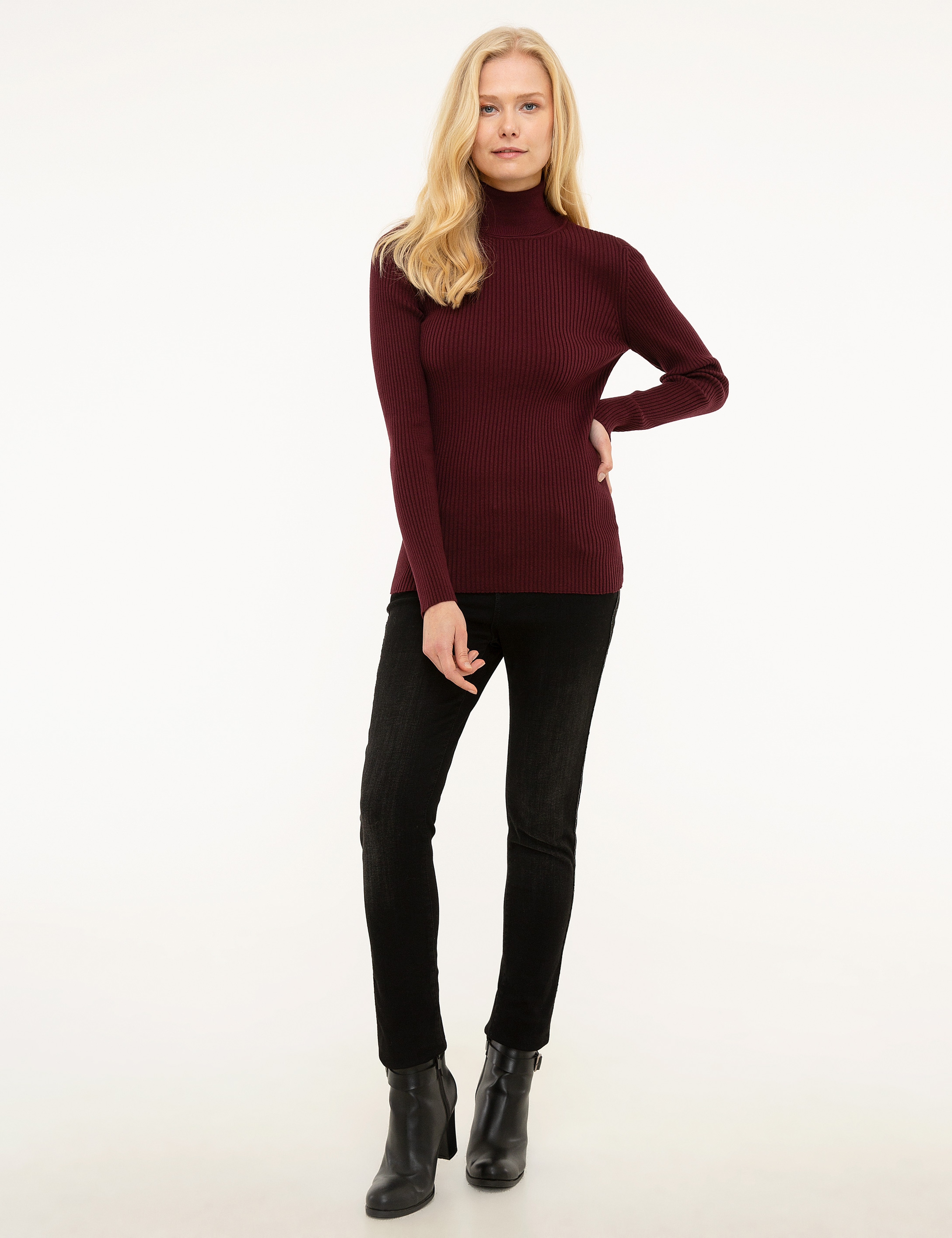 Bordo Slim Fit Balıkçı Yaka Triko Kazak - Image 5