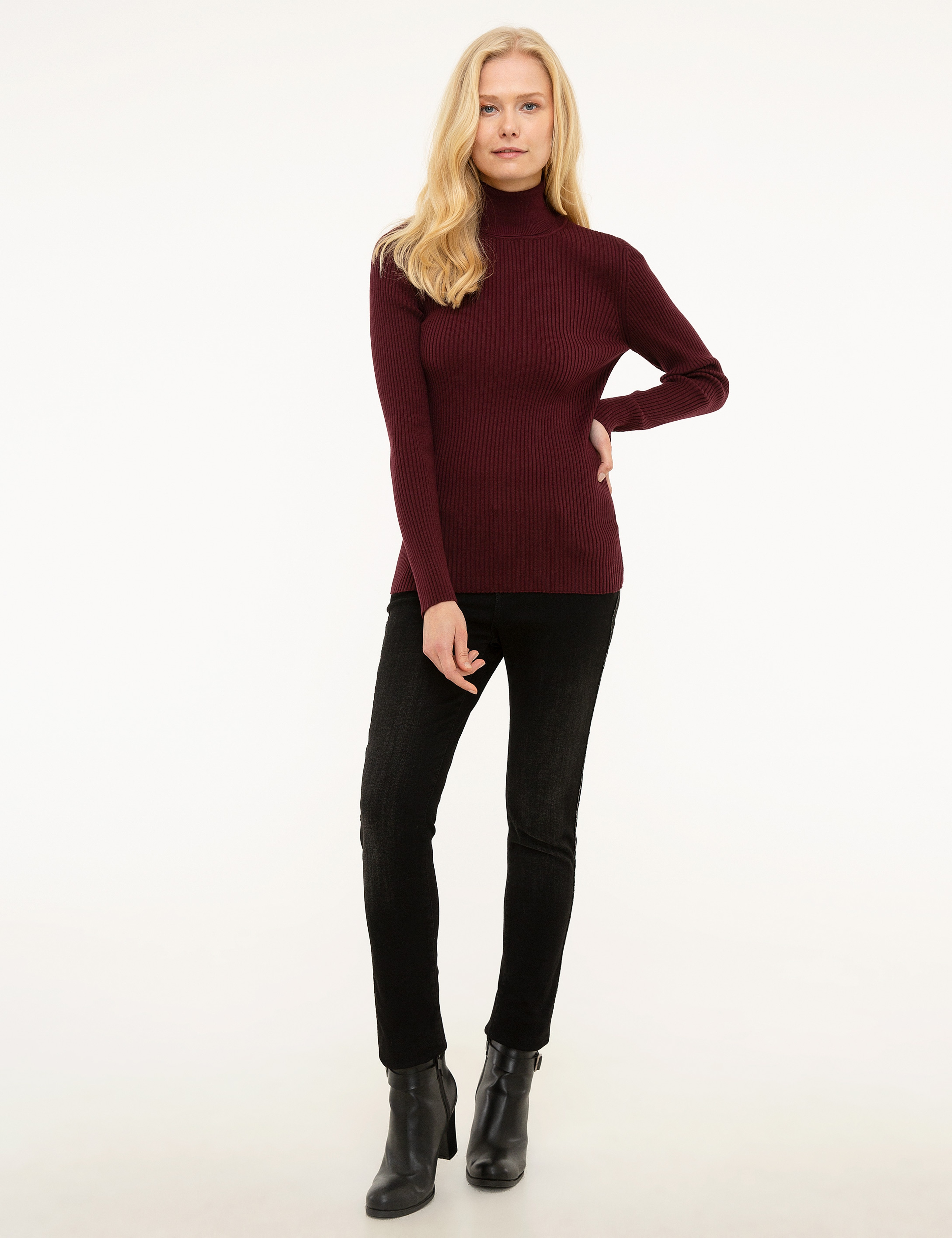 Bordo Slim Fit Balıkçı Yaka Triko Kazak