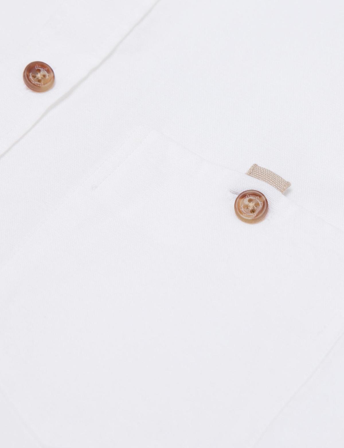 Beyaz Slim Fit Kısa Kollu Keten Karışımlı Gömlek - 50185776024