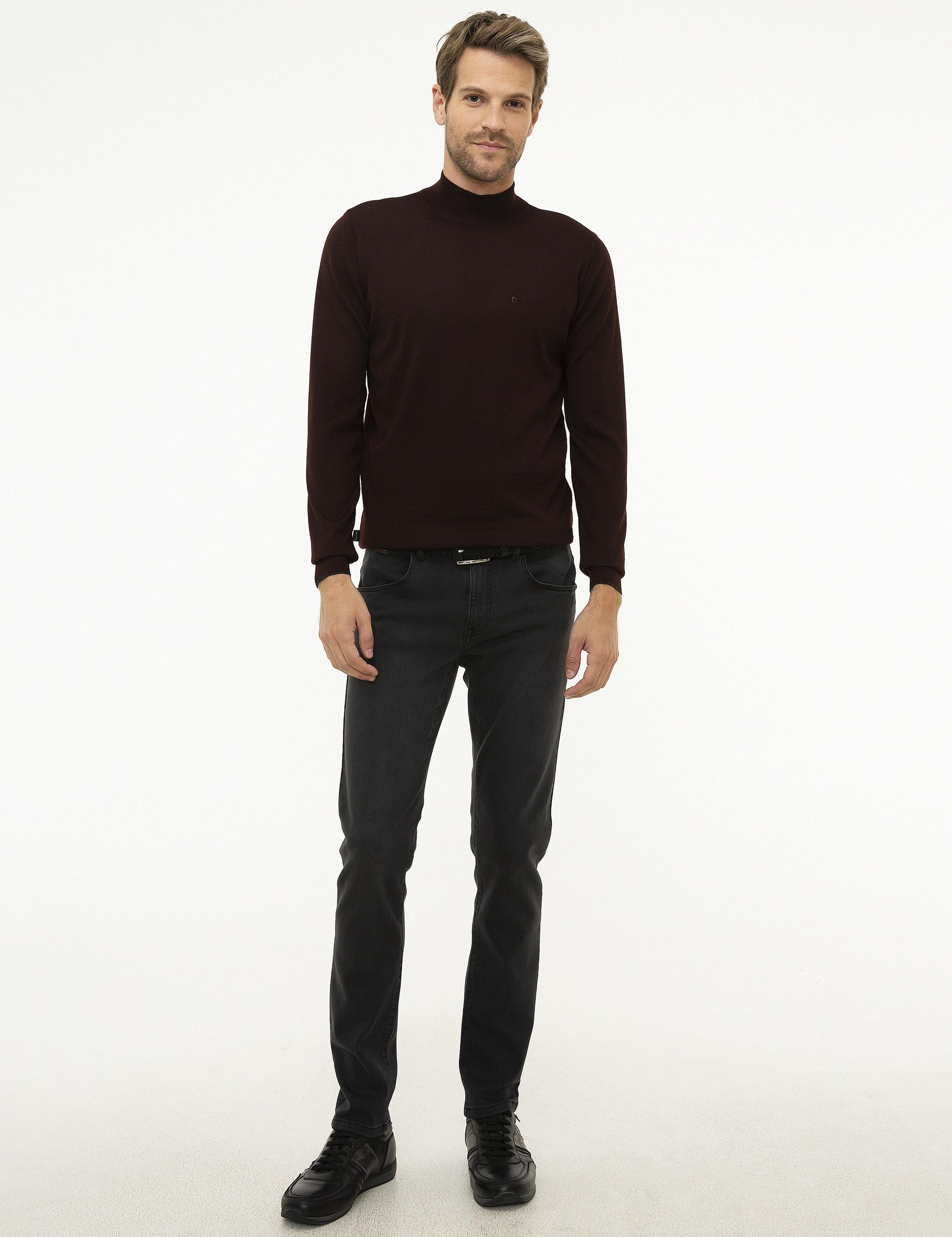 Bordo Slim Fit Yarım Balıkçı Yaka Basic Triko Kazak