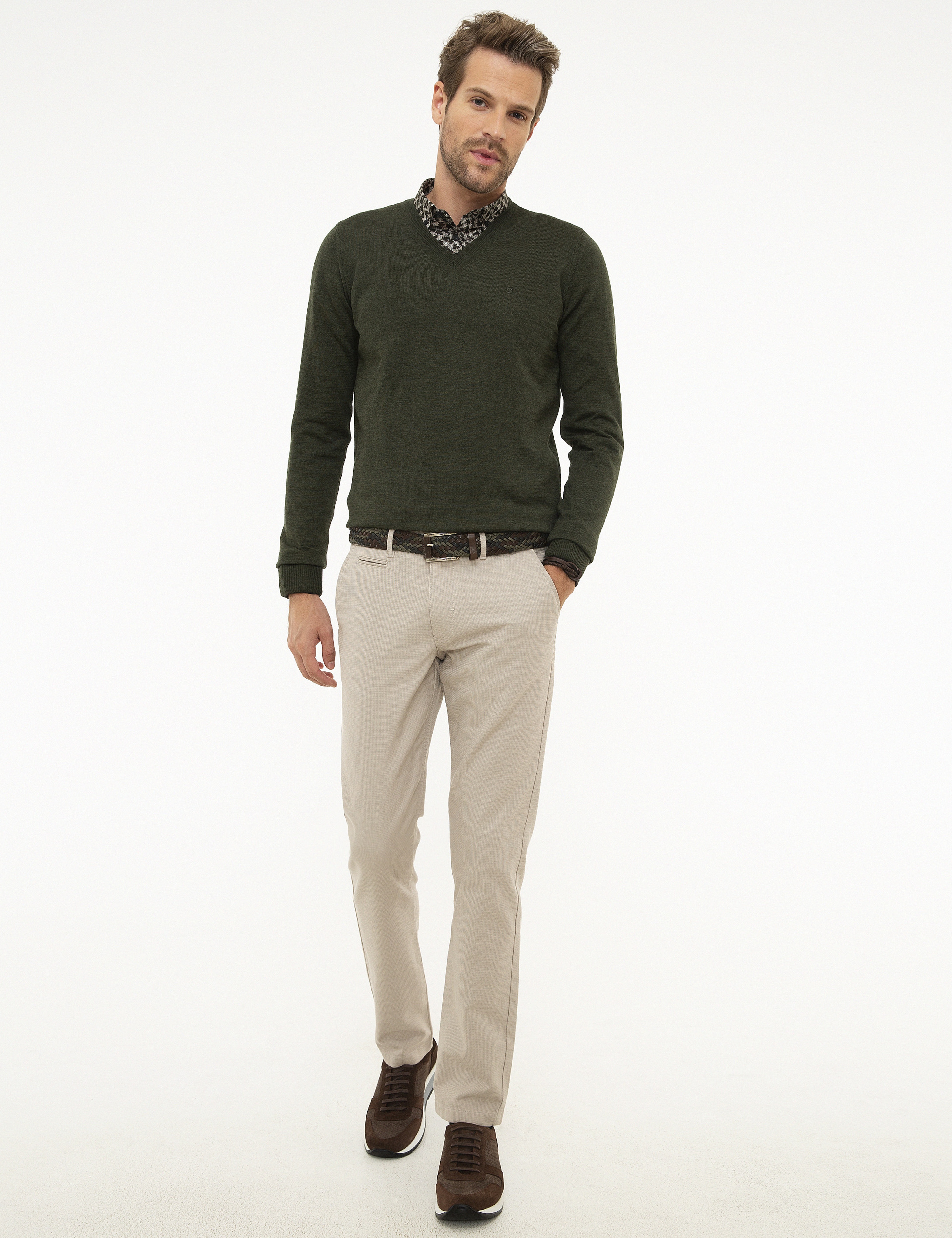 Yeşil Slim Fit V Yaka Basic Triko Kazak - Image 5