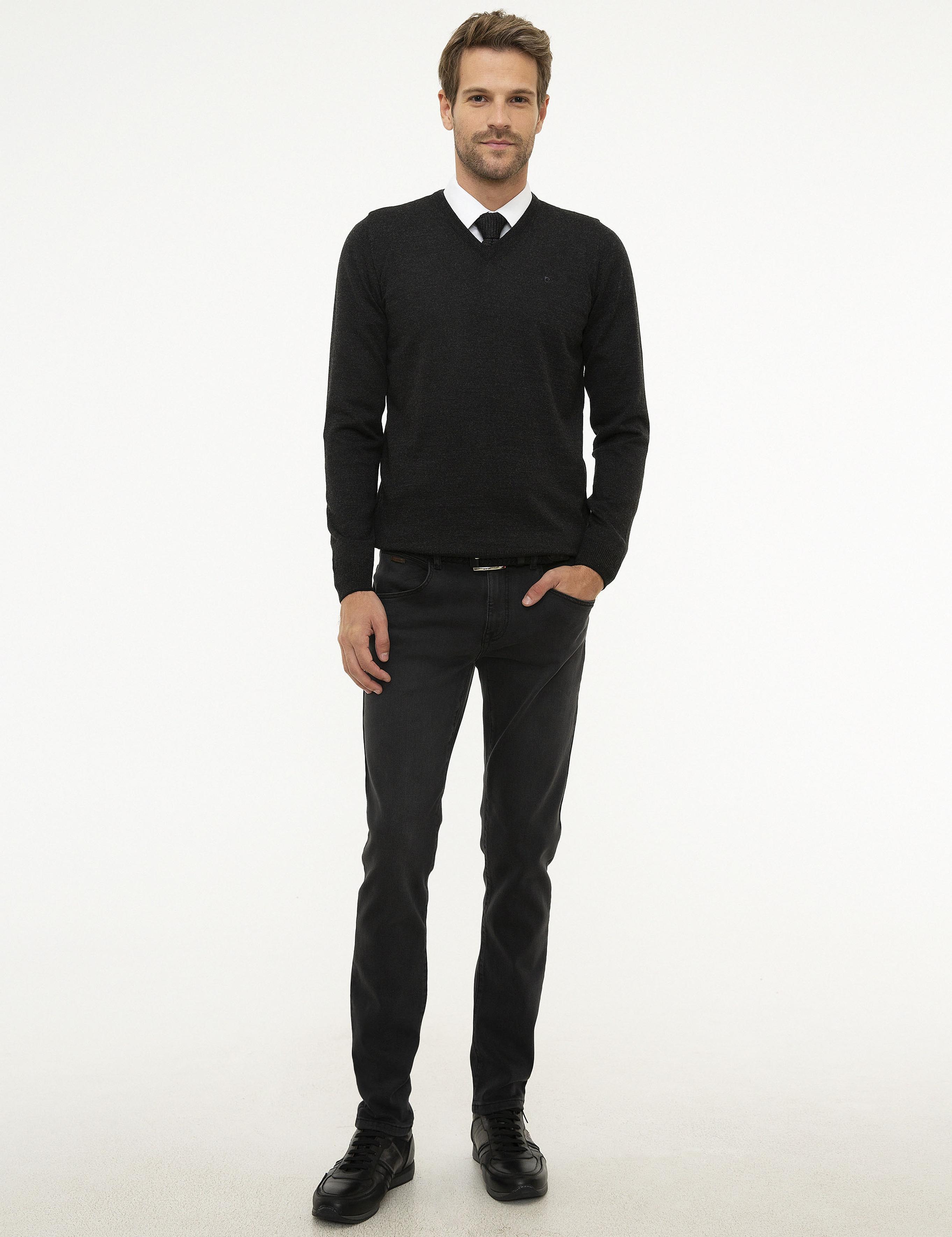 Antrasit Melanj Slim Fit V Yaka Basic Triko Kazak