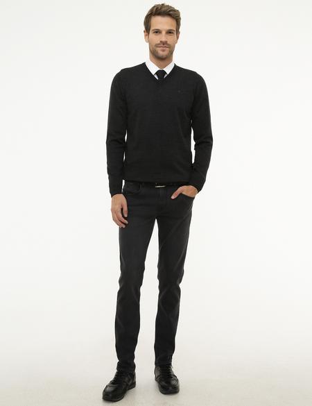 Antrasit Melanj Slim Fit V Yaka Basic Triko Kazak - 50206762064