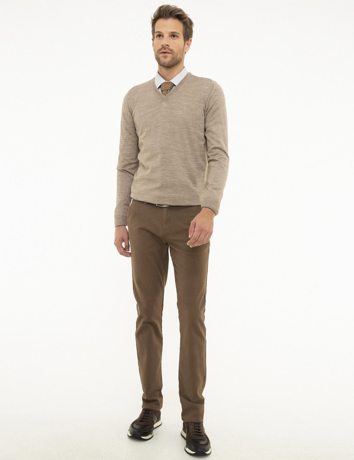 Taş Slim Fit V Yaka Yün Karışımlı Basic Triko Kazak - 50206762103