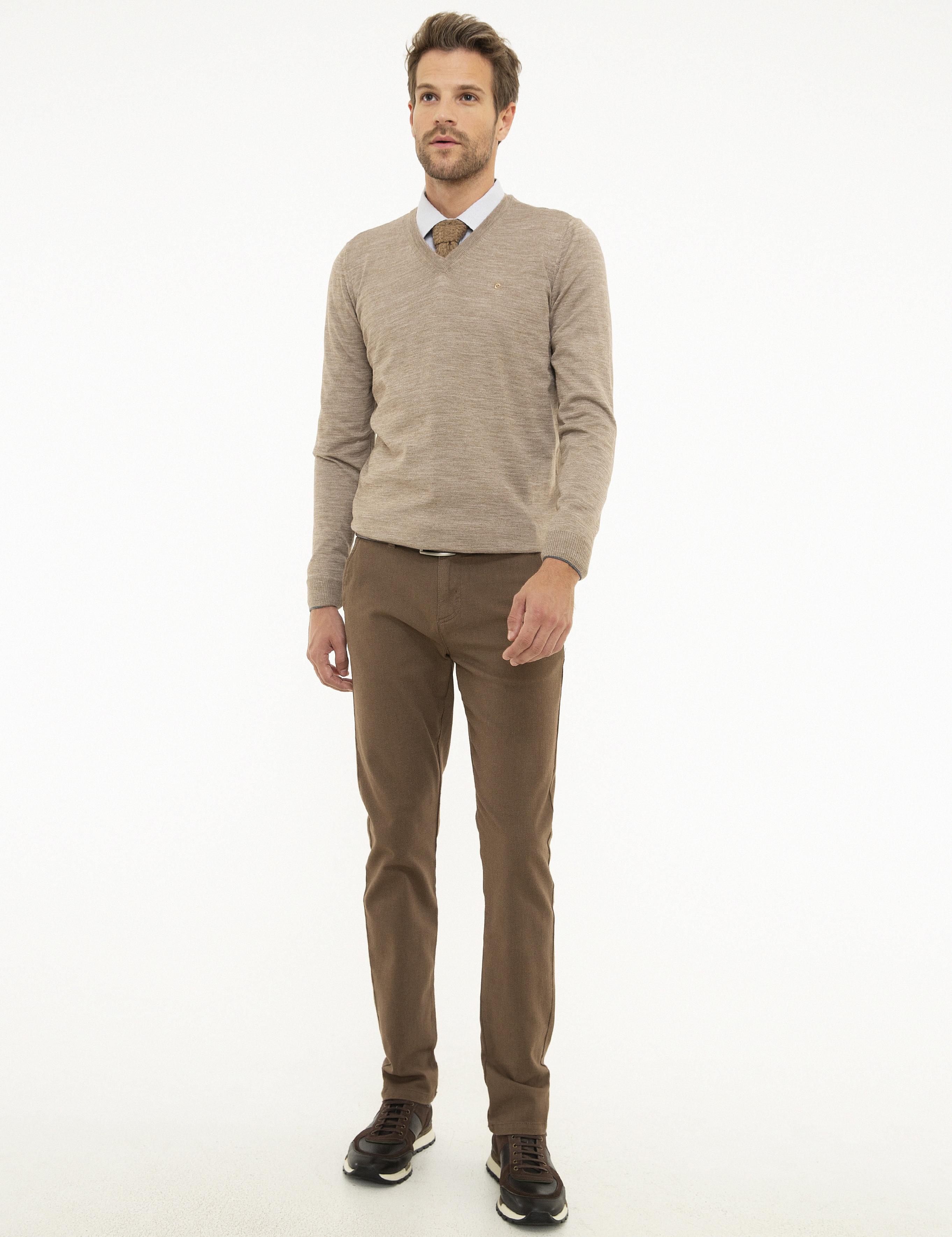 Taş Slim Fit V Yaka Yün Karışımlı Basic Triko Kazak