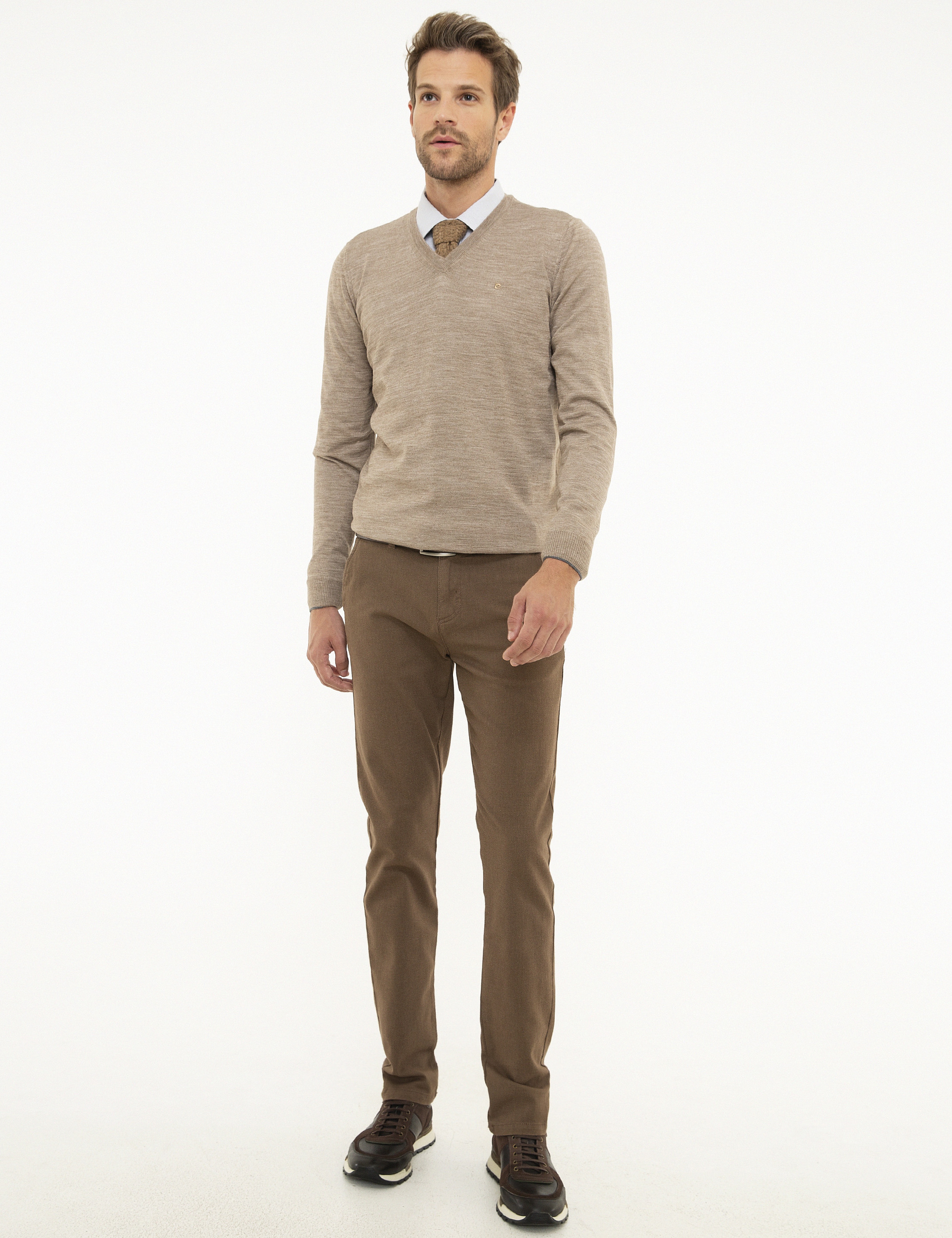 Taş Slim Fit V Yaka Yün Karışımlı Basic Triko Kazak
