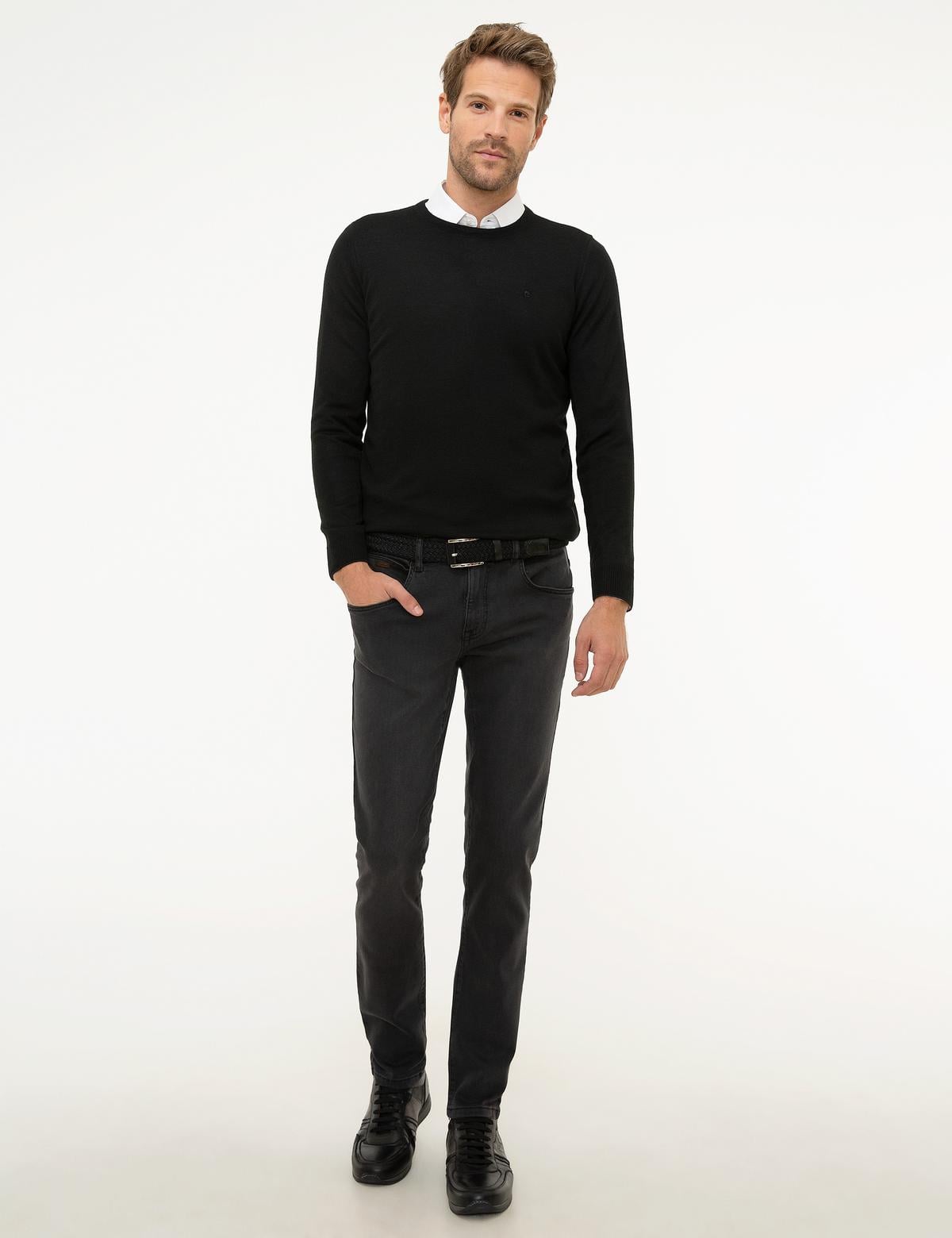 Siyah Slim Fit Bisiklet Yaka Basic Triko Kazak - 50206763026