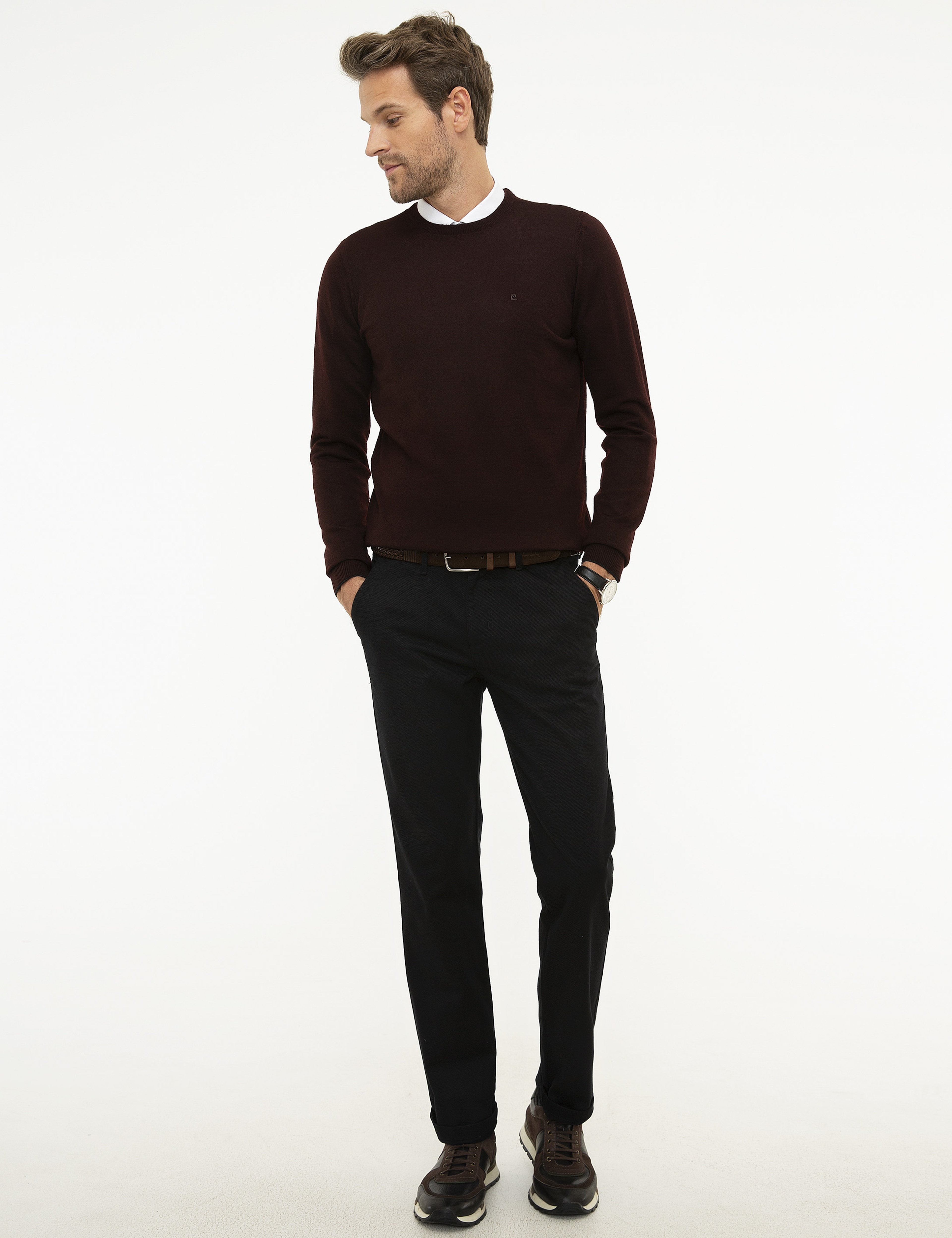 Bordo Slim Fit Bisiklet Yaka Yün Karışımlı Basic Triko Kazak - Image 5