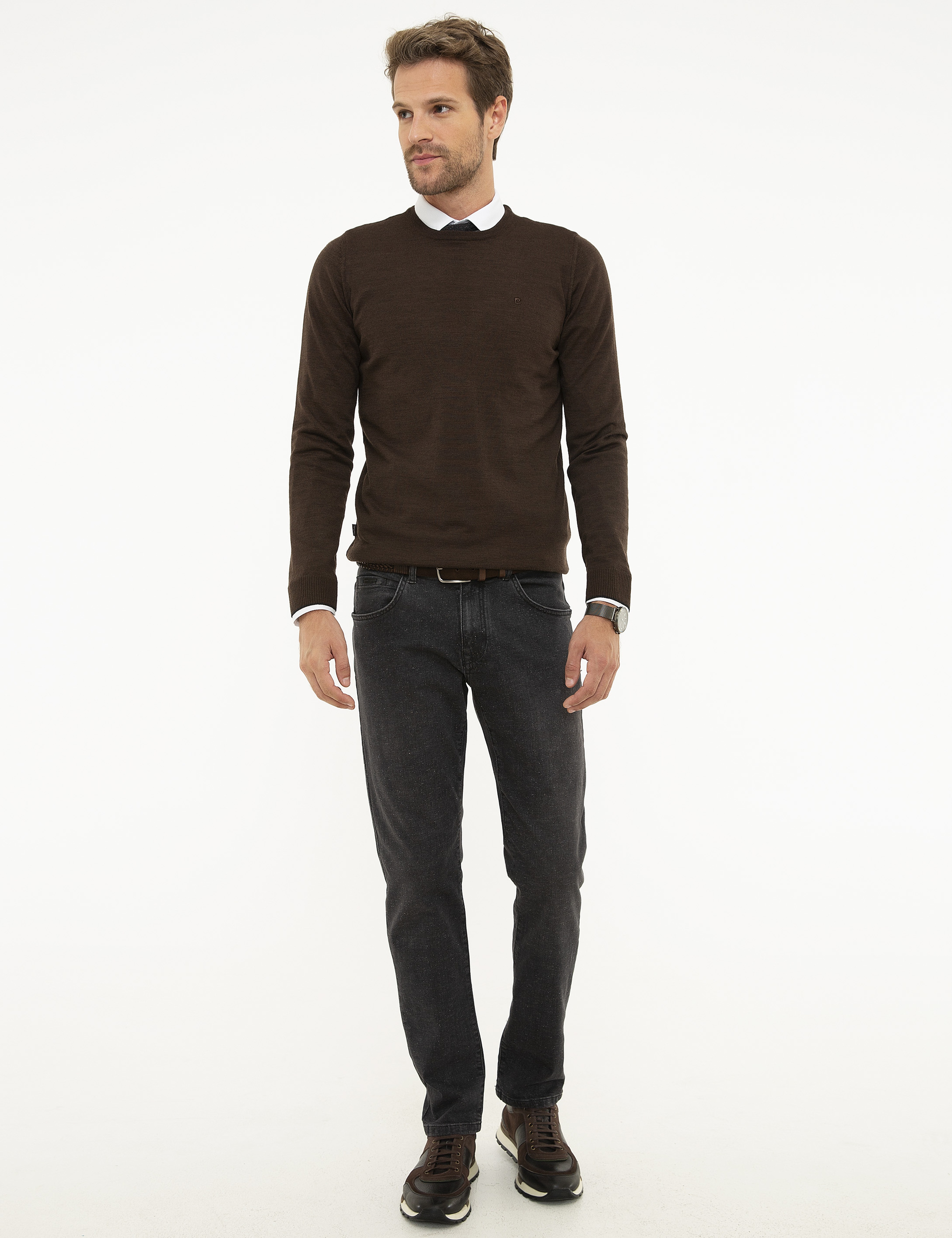 Kahverengi Slim Fit Bisiklet Yaka Basic Triko Kazak - Image 5
