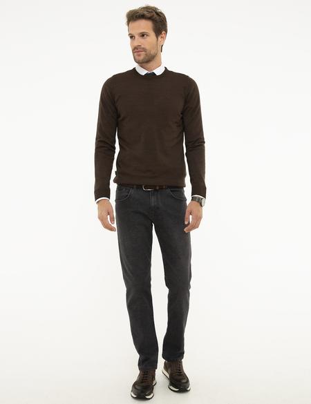 Kahverengi Slim Fit Bisiklet Yaka Basic Triko Kazak - 50206763053