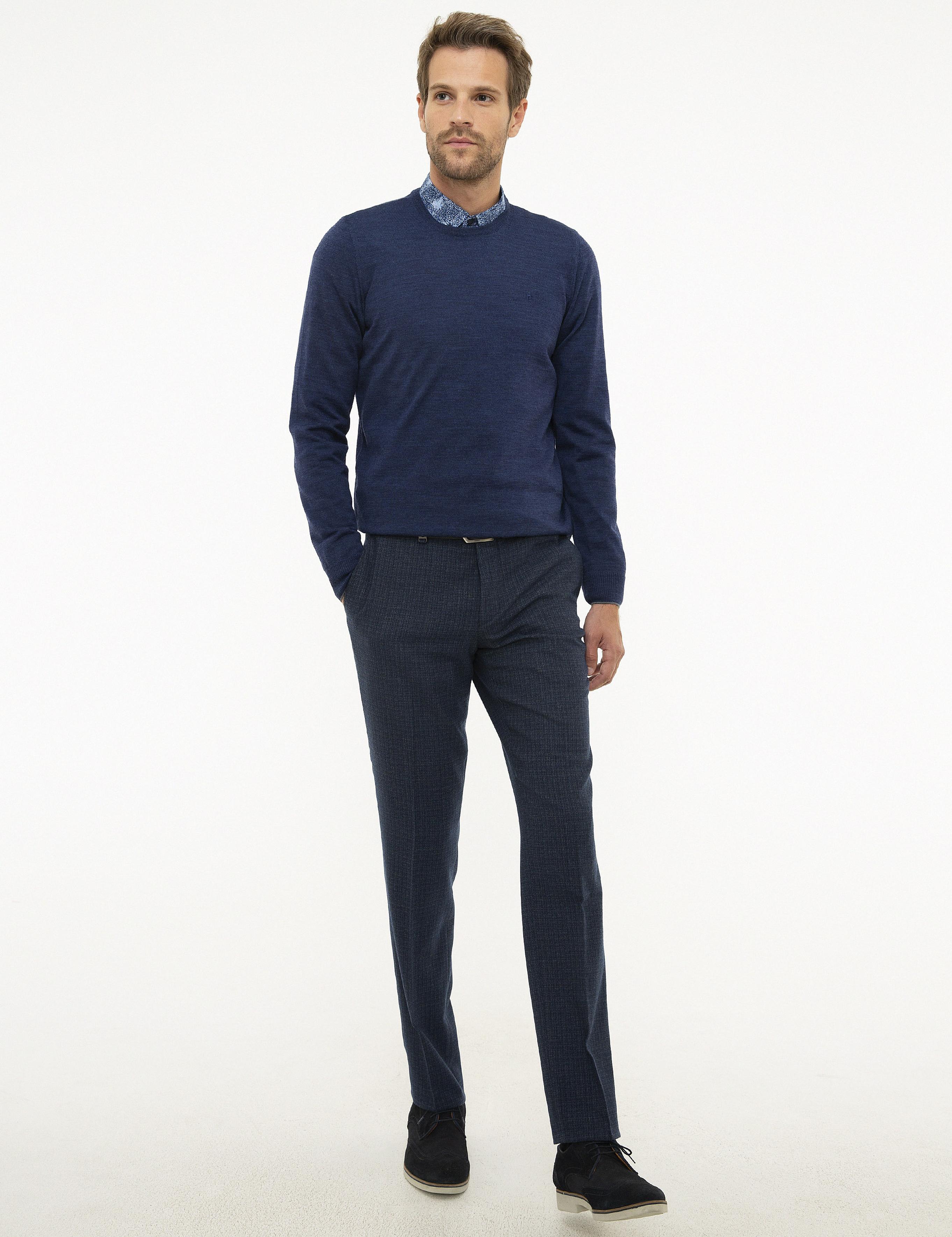 İndigo Mavi Slim Fit Bisiklet Yaka Yün Karışımlı Basic Triko Kazak