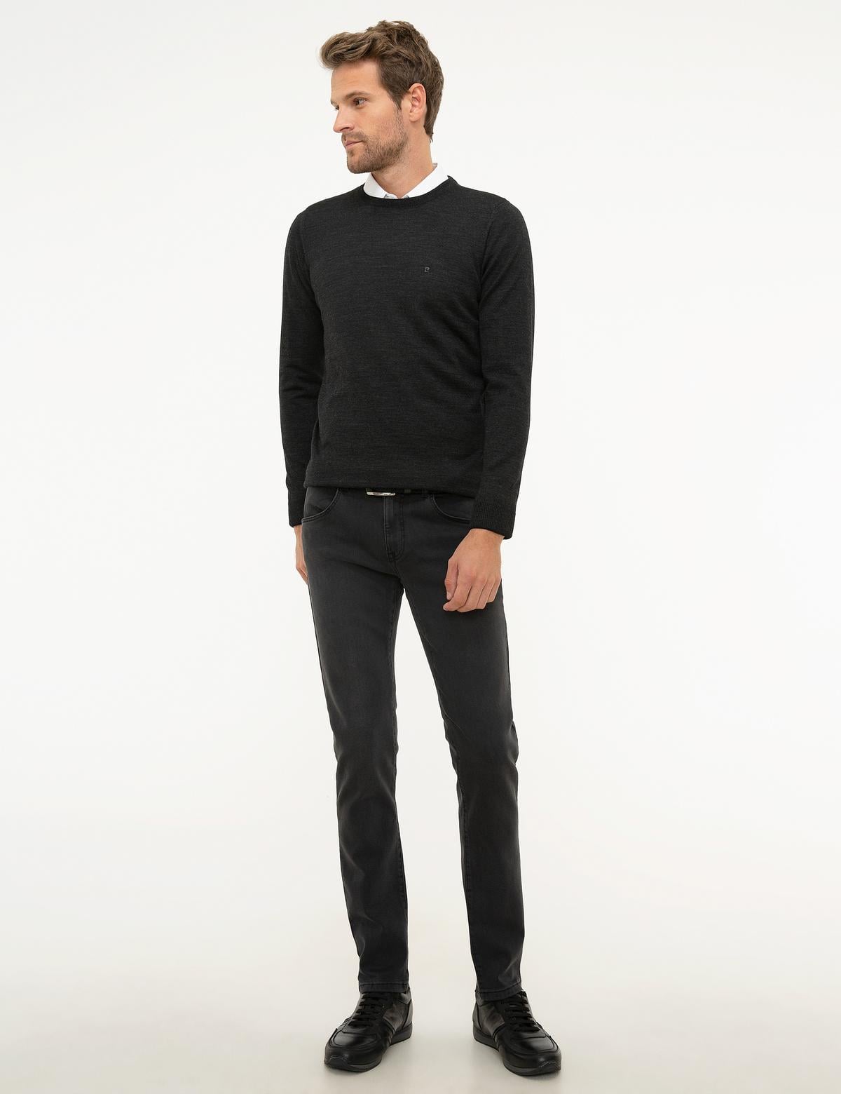 Antrasit Gri Melanj Slim Fit Basic Triko Kazak - 50206763089