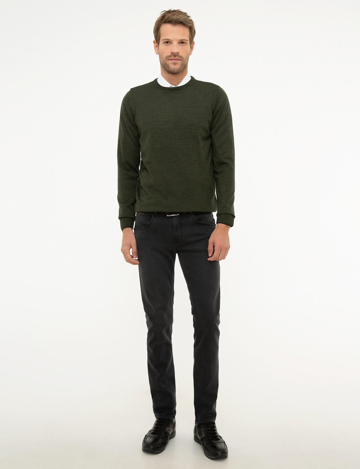 Yeşil Slim Fit Bisiklet Yaka Yün Karışımlı Basic Triko Kazak - 50206763120